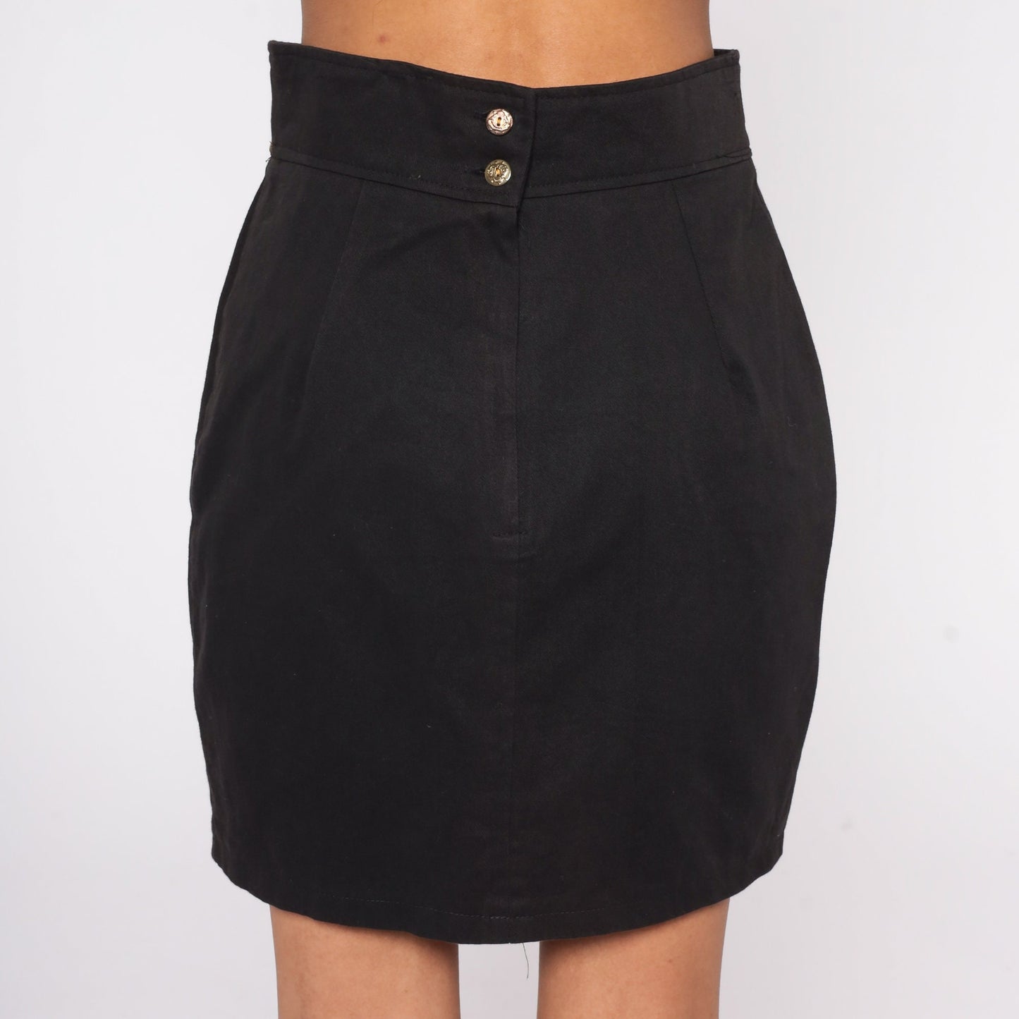 90s Black Studded Mini Pencil Skirt High Waist Cotton Small S