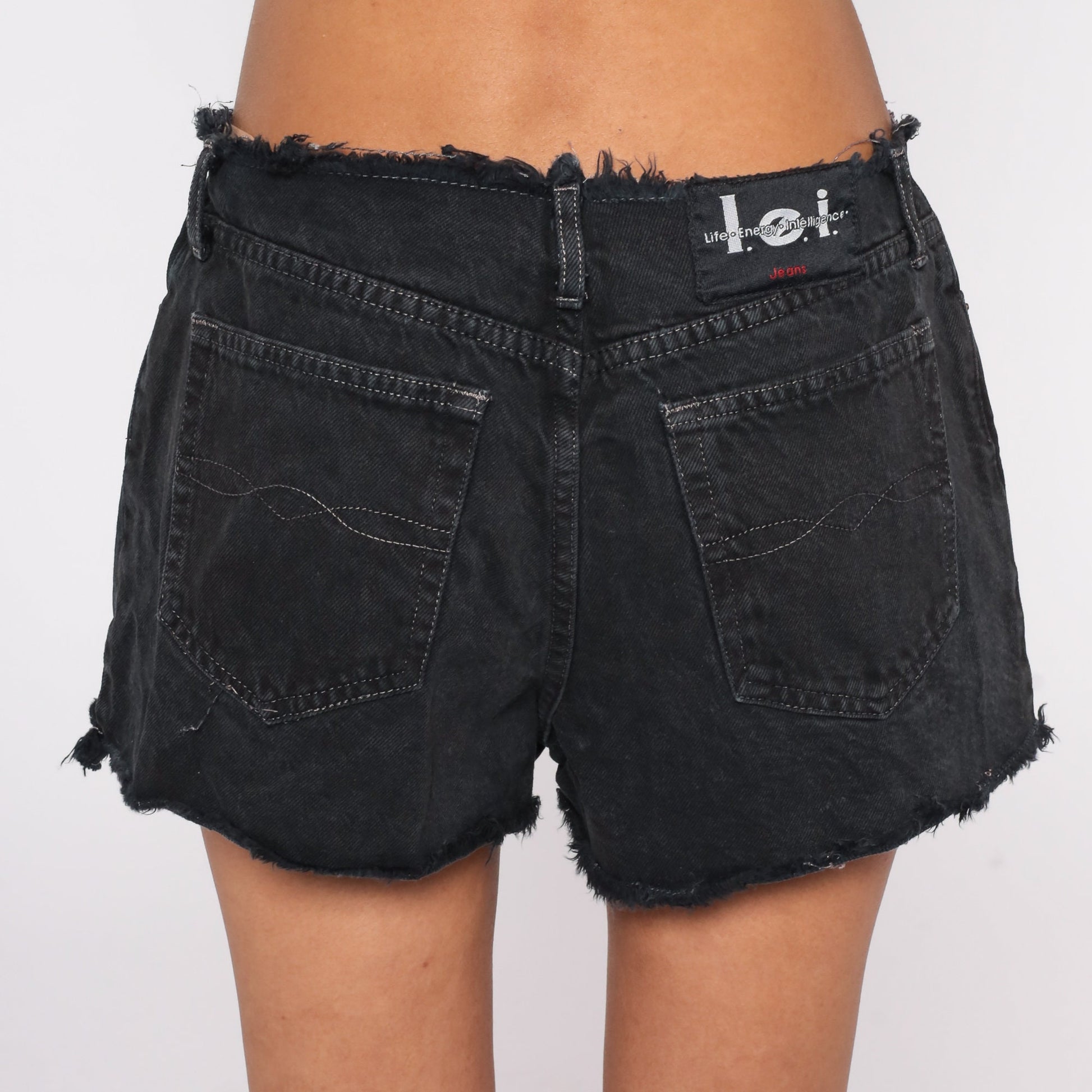 Y2K LEI Black Denim Cutoff Shorts Flower Bead Mid Rise Medium M