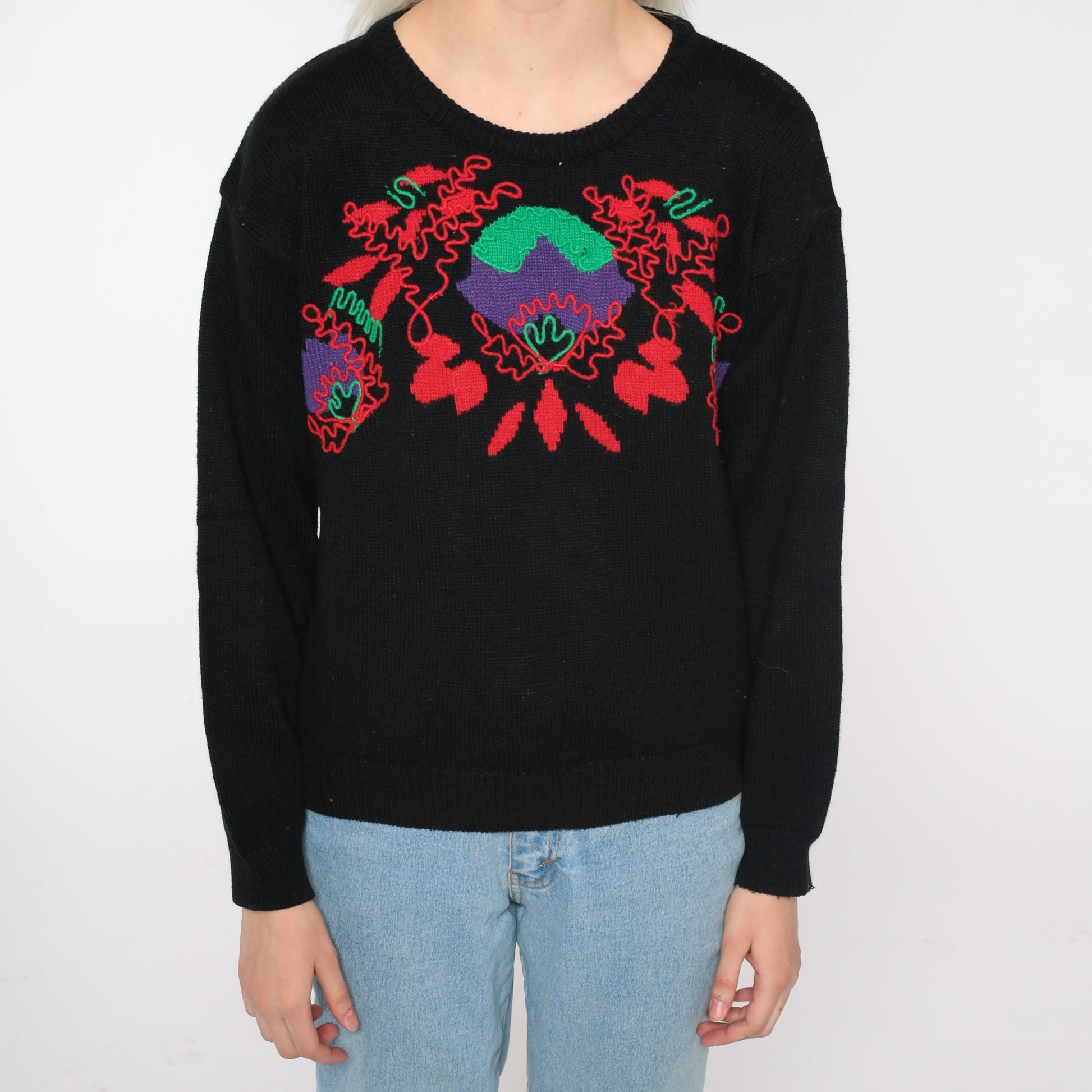 80s Black Floral Abstract Knit Sweater Pullover Medium M