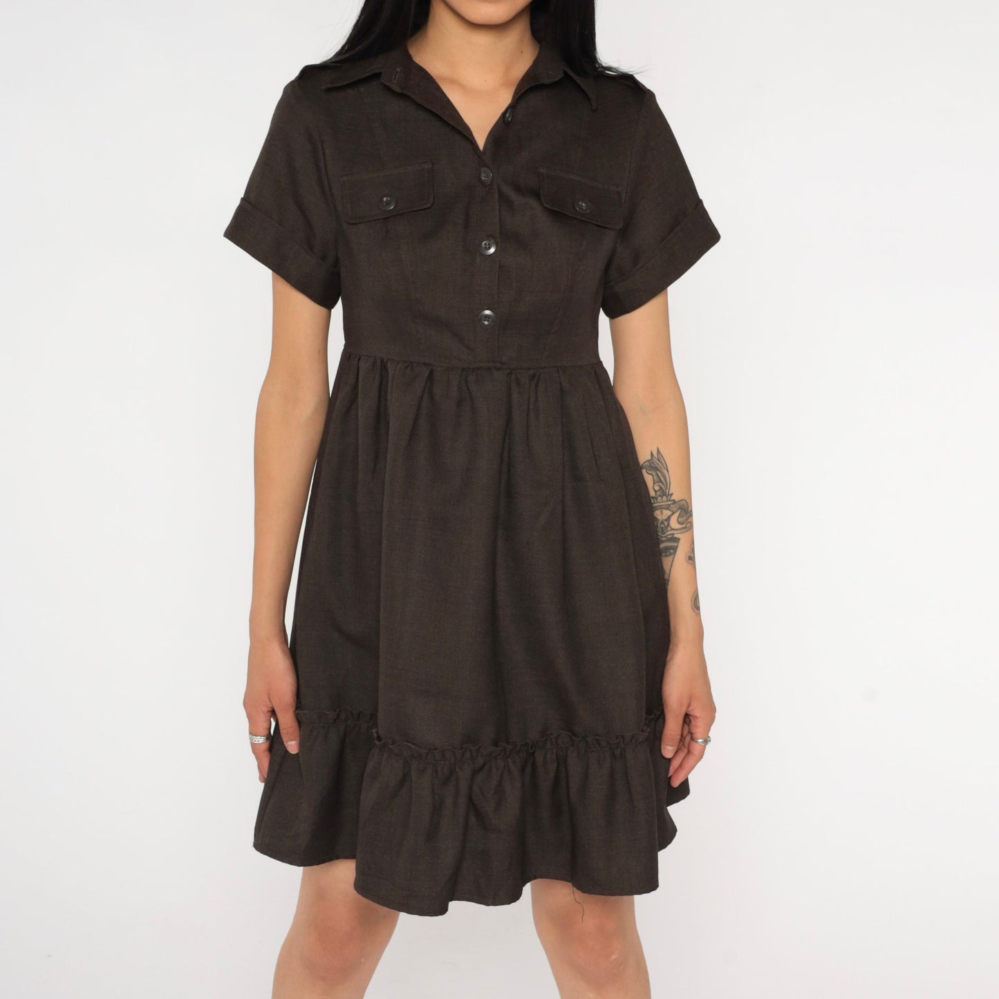 Y2K Brown Babydoll Mini Dress Empire Waist Short Sleeve Button Up Extra Small