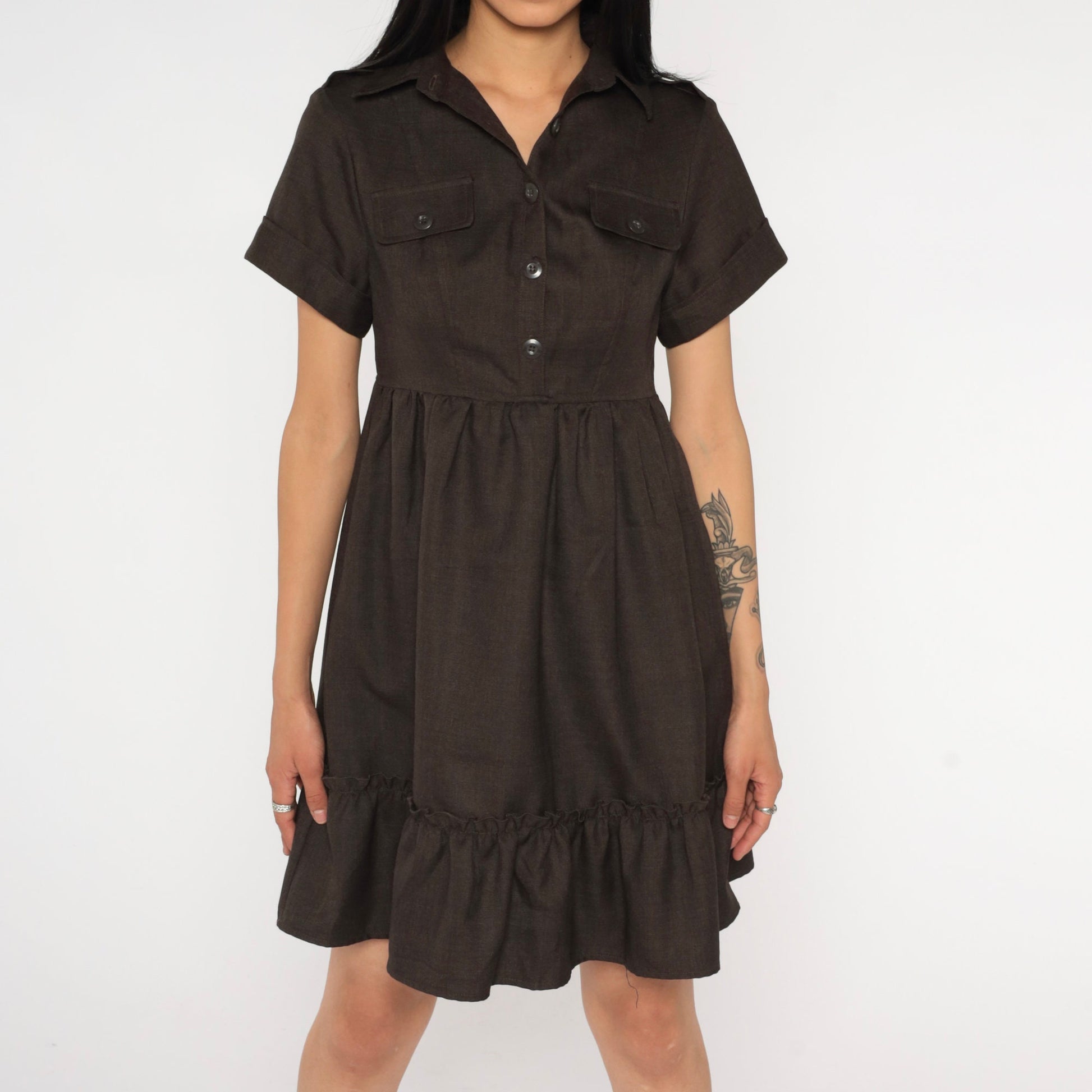 Y2K Brown Babydoll Mini Dress Empire Waist Short Sleeve Button Up Extra Small