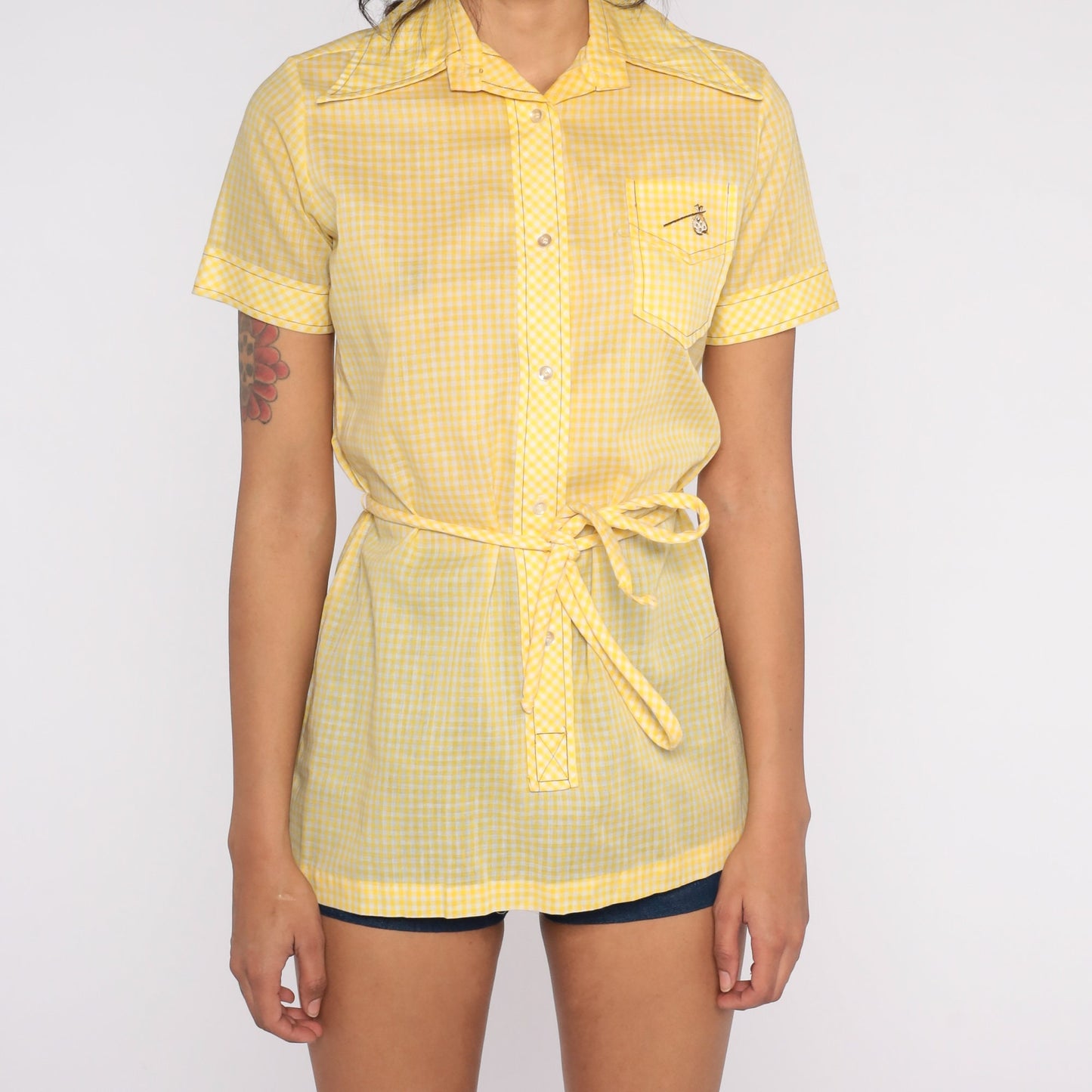 70s Yellow Gingham Embroidered Hobo Bindle Button-Up Shirt Small
