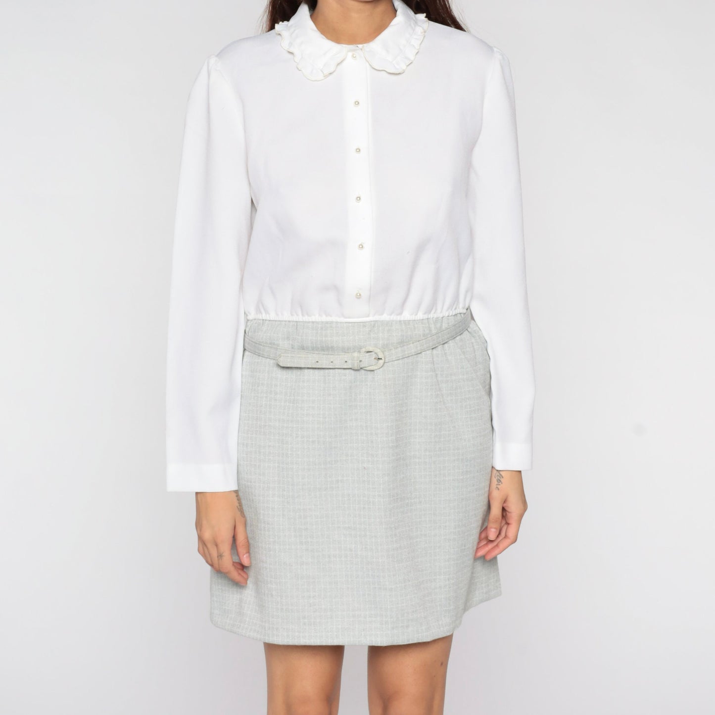 80s Leslie Fay Mini Dress Puff Sleeve Peter Pan Collar Checkered Medium Large