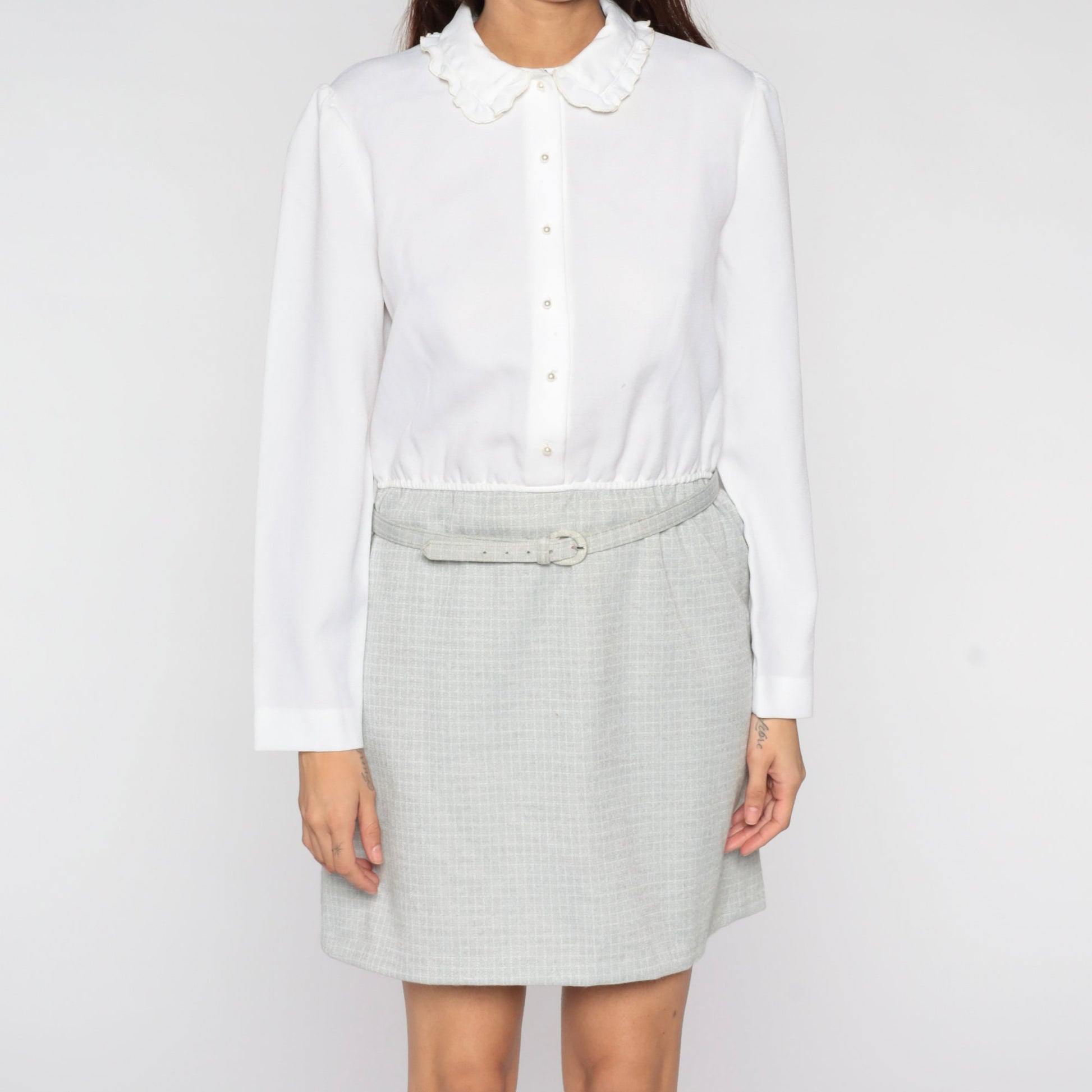 80s Leslie Fay Mini Dress Puff Sleeve Peter Pan Collar Checkered Medium Large