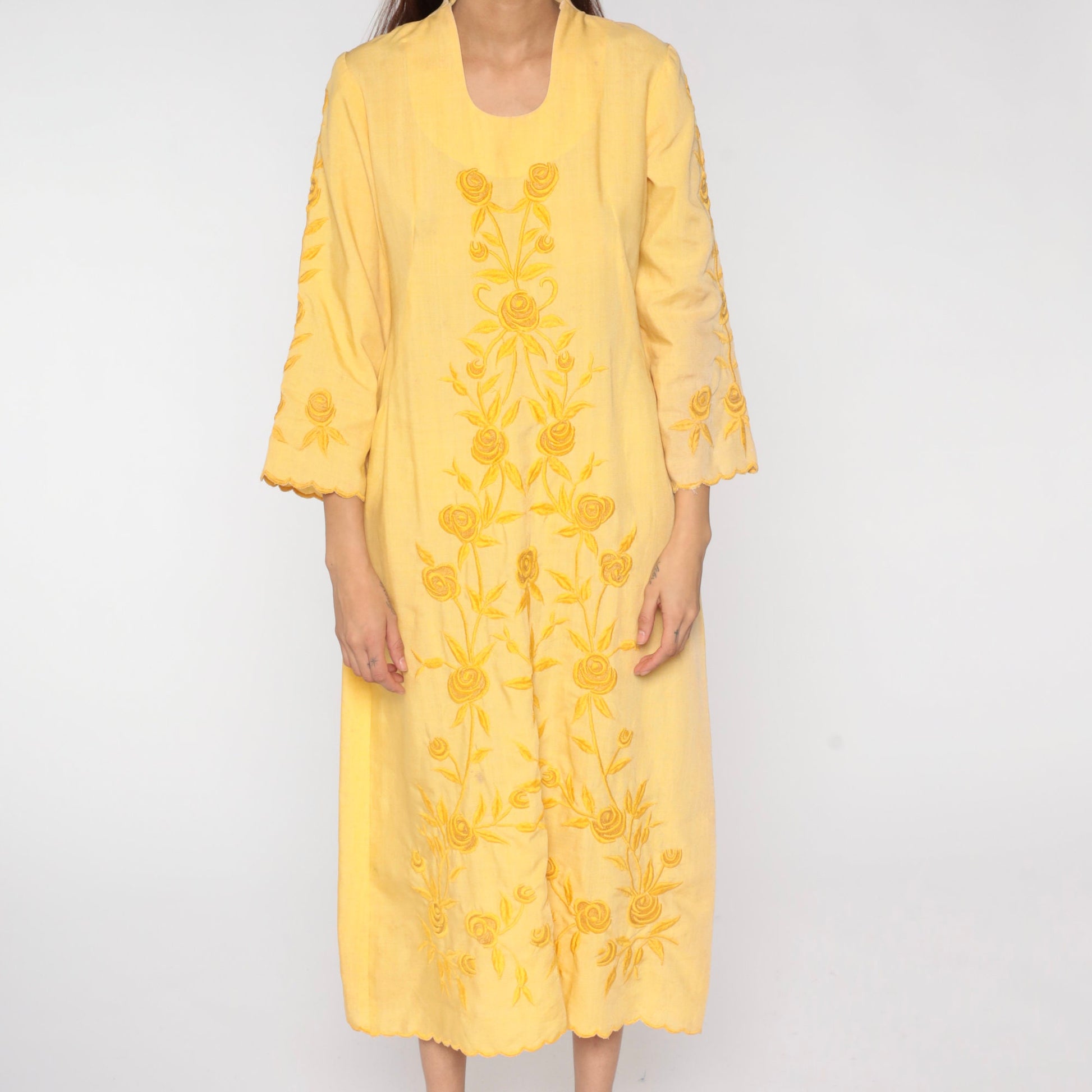70s Yellow Floral Embroidered Midi Dress Long Sleeve Shift Small Medium