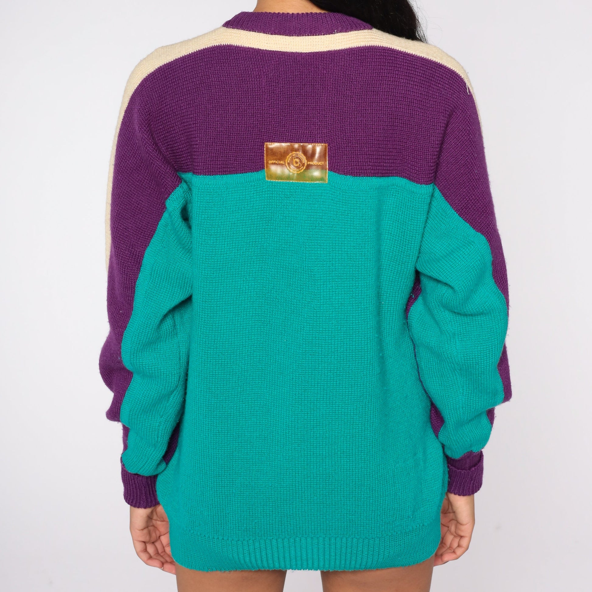 90s Wool Color Block Sweater Purple Green Cream Striped Crewneck Medium