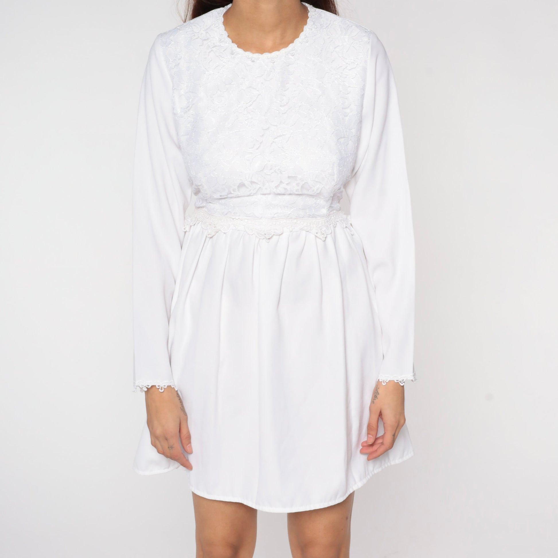 90s White Lace Mini Dress High Waist Long Sleeve Party Small