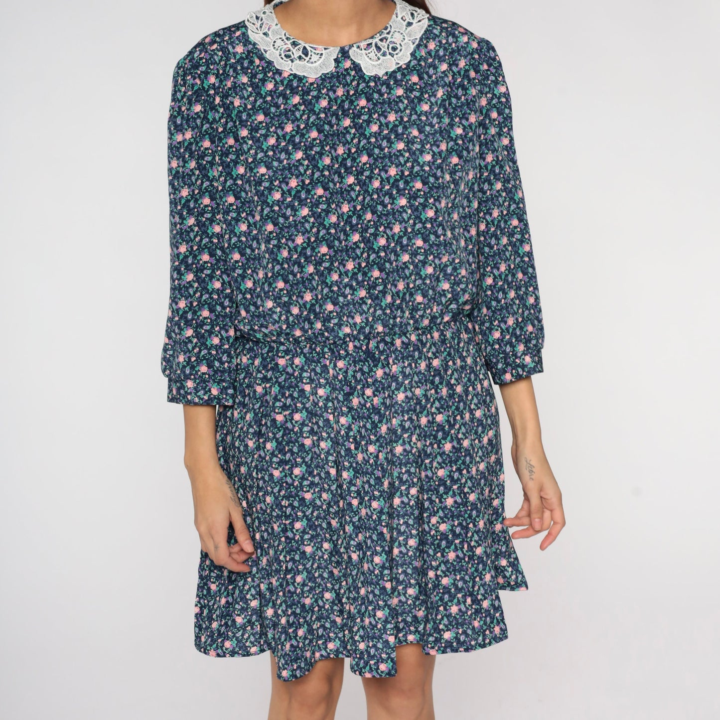 80s Blue Floral Mini Dress Lace Collar 3/4 Sleeve Plus Size XL