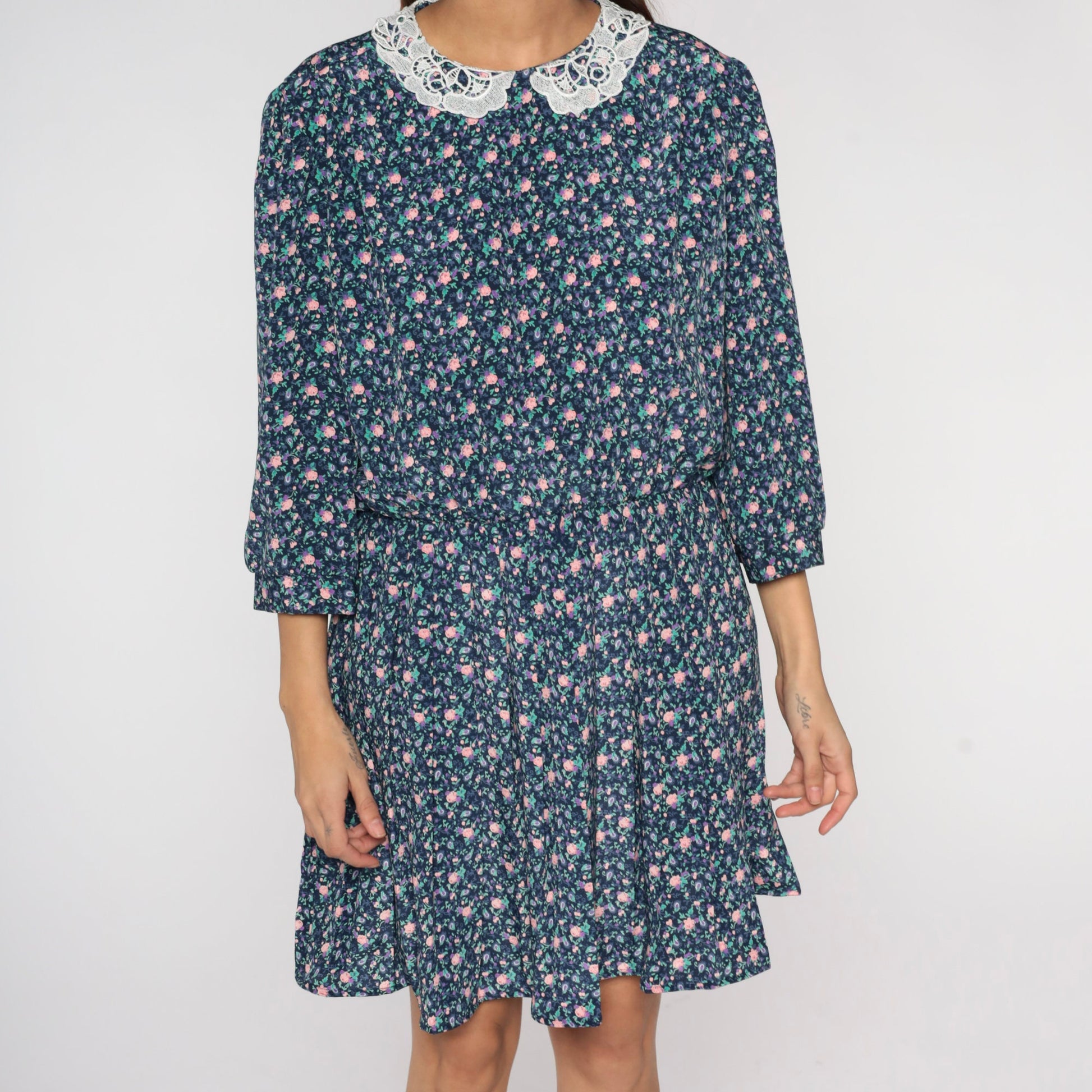 80s Blue Floral Mini Dress Lace Collar 3/4 Sleeve Plus Size XL