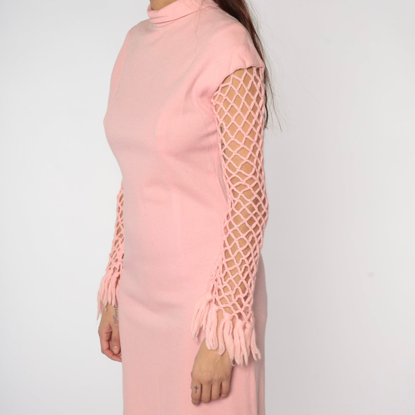 60s Mod Mini Dress Baby Pink Crochet Sleeve Mock Neck Small