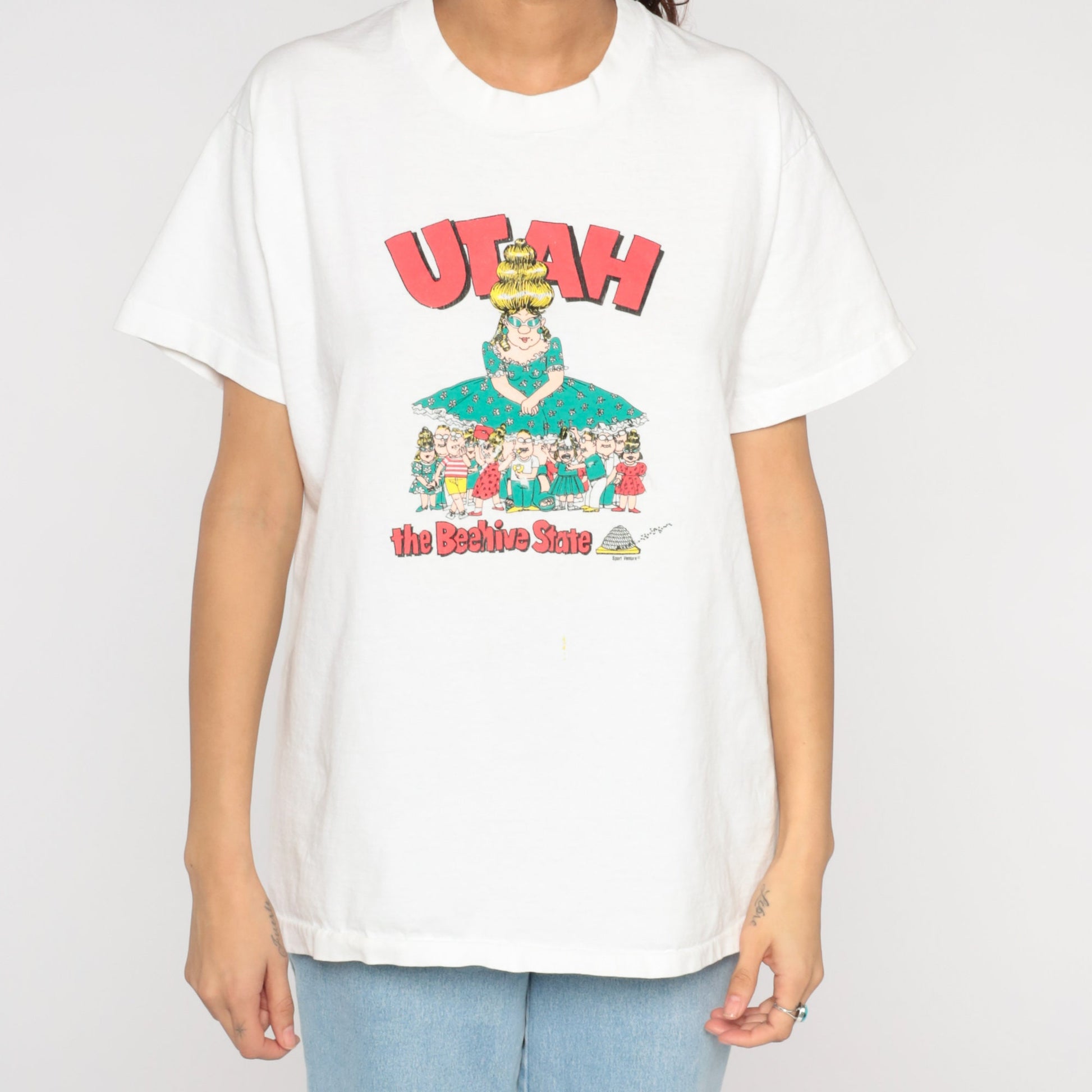 90s Utah Beehive State Graphic T-Shirt Single Stitch Cartoon Print Medium