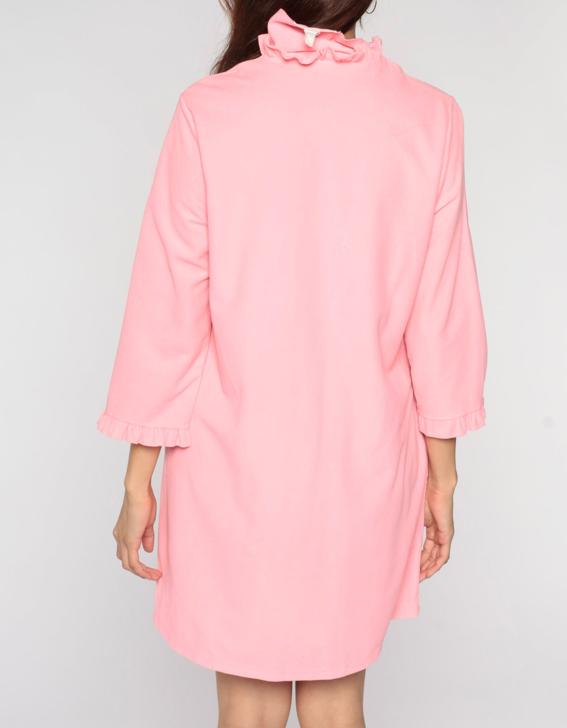 70s Pink Fleece Lounge Dress Mini Button-Up Long Sleeve Medium Large