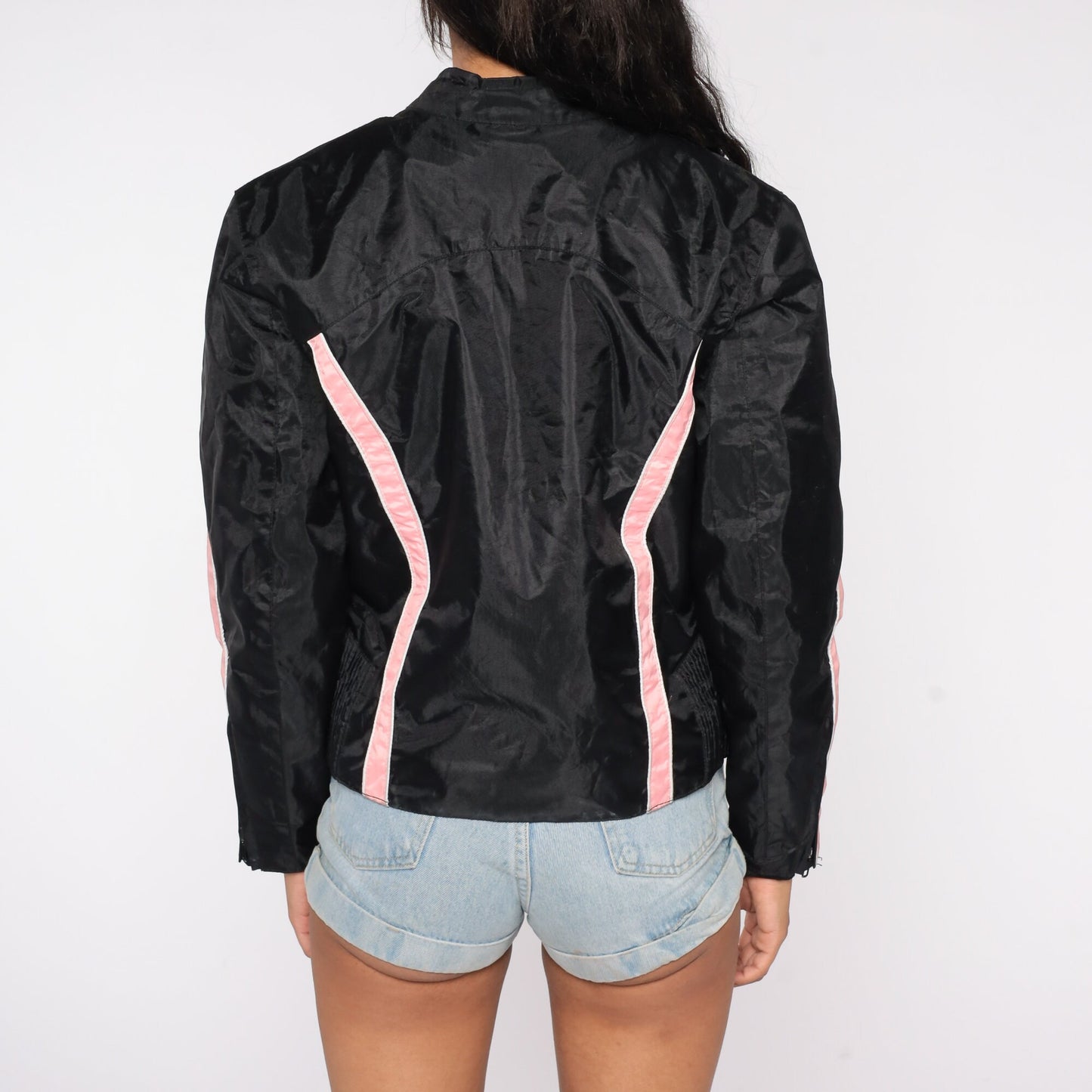 Y2K Black Moto Jacket Pink Stripes Biker Motorcycle Coat Small S