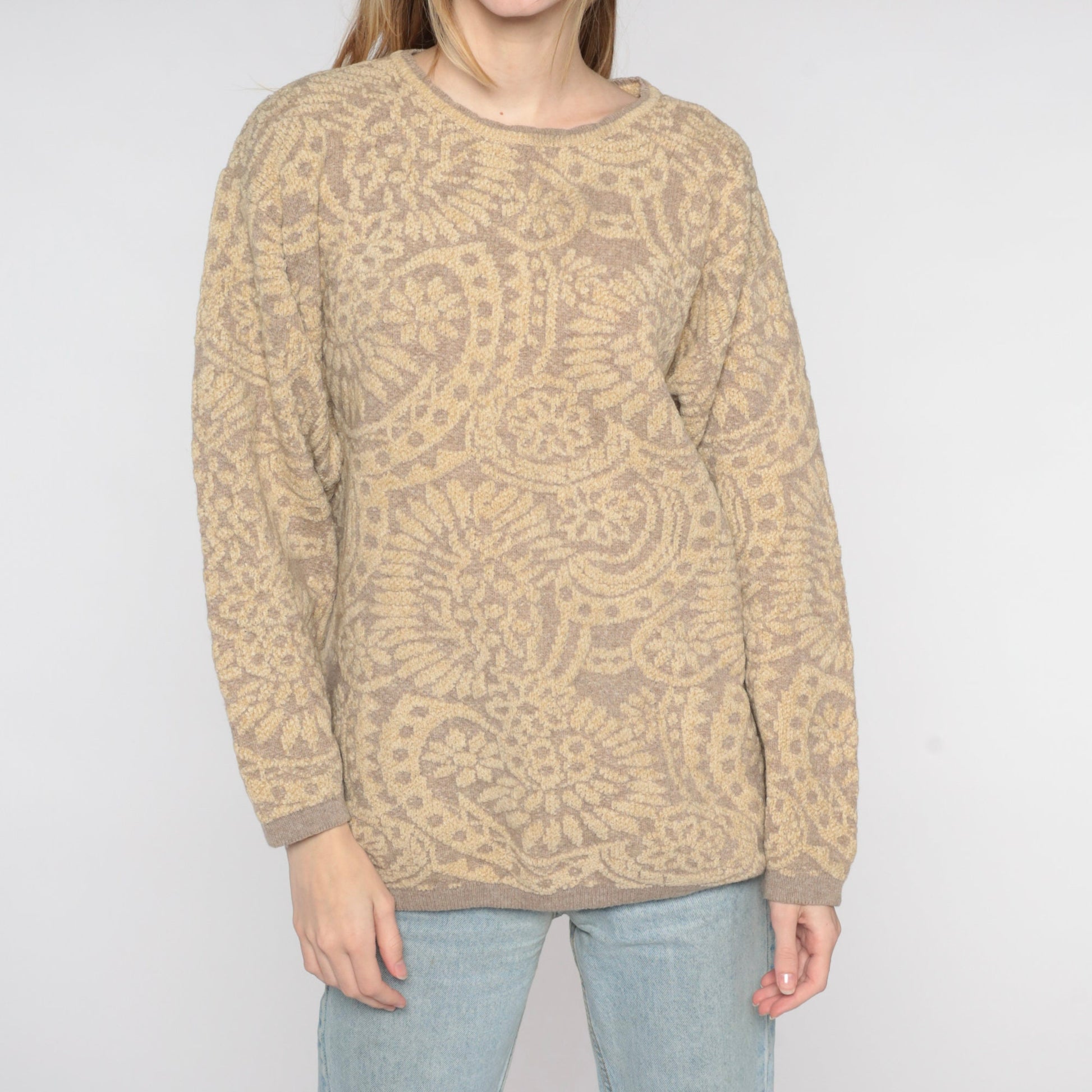 90s Tan Floral Wool Blend Sweater Italian Made Pullover Medium