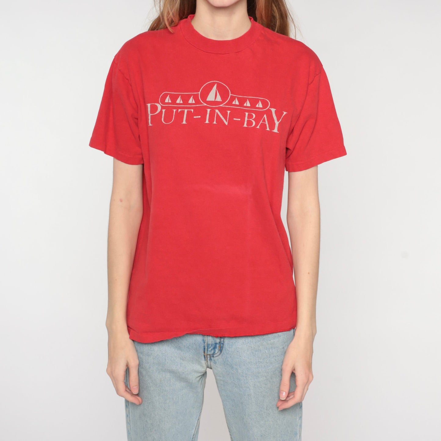 90s Put-In-Bay Ohio Sailboat Graphic T-Shirt Red Cotton Tee Medium