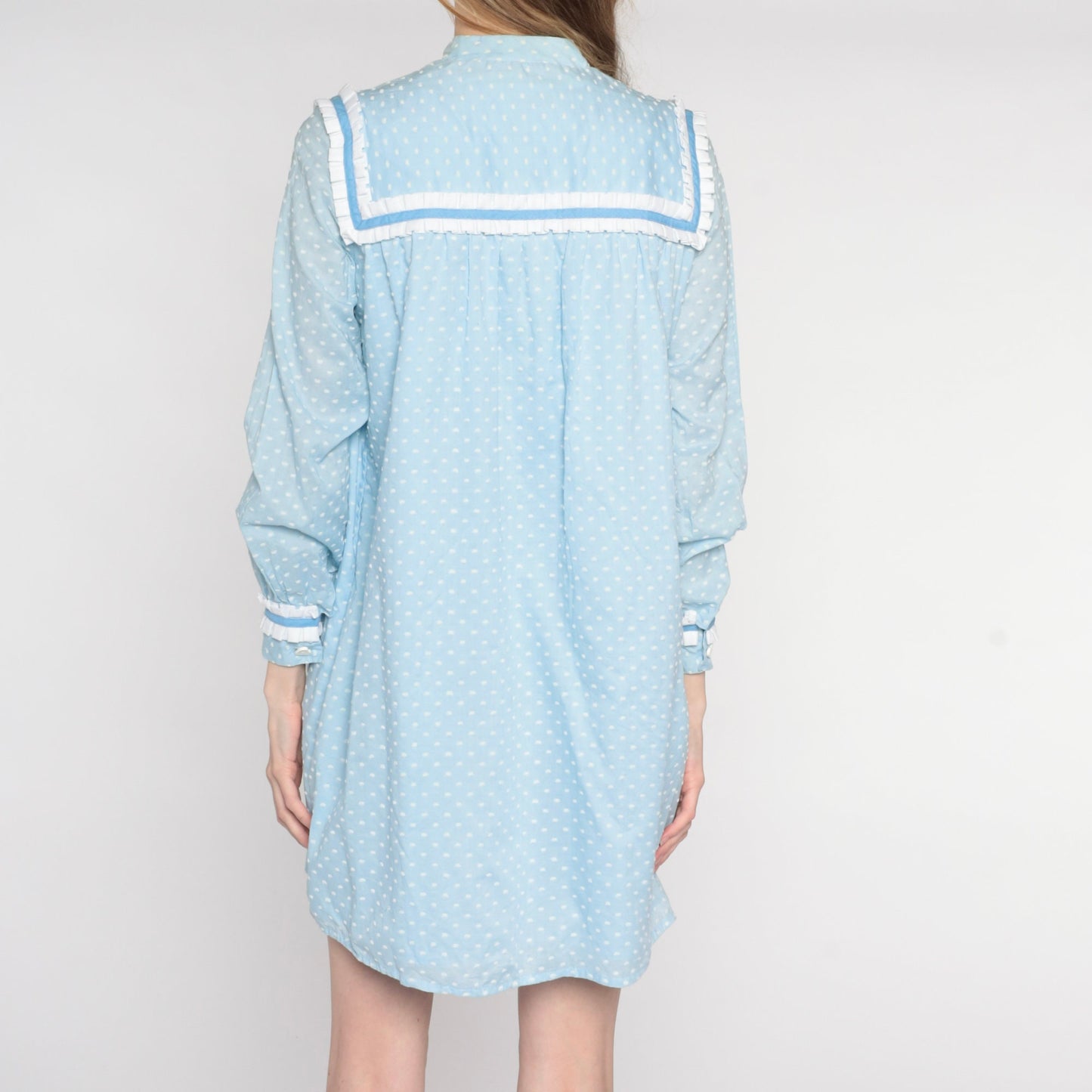 70s Baby Blue Polka Dot Mini Dress Heart Buttons Ruffled Bib Long Sleeve Small Medium