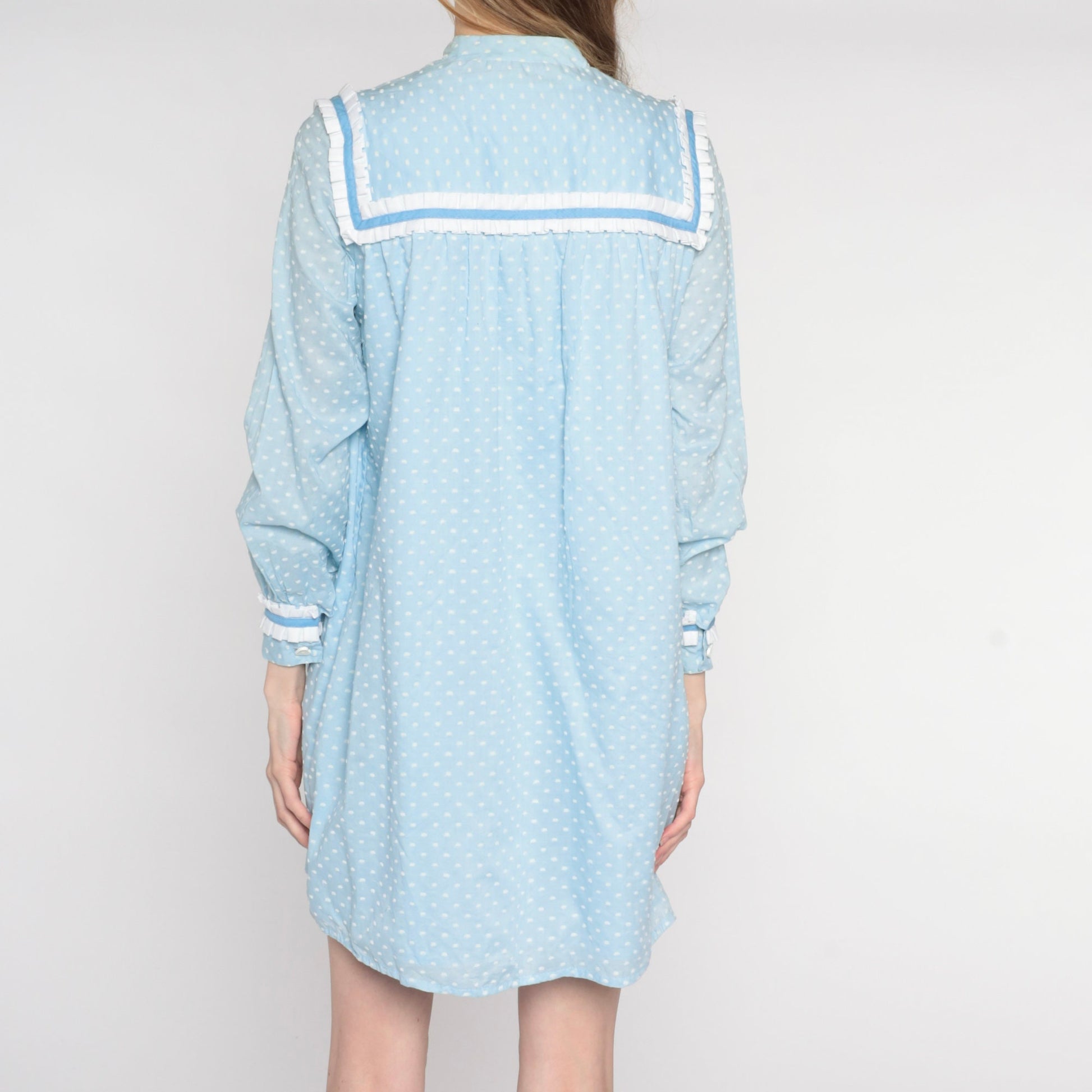 70s Baby Blue Polka Dot Mini Dress Heart Buttons Ruffled Bib Long Sleeve Small Medium