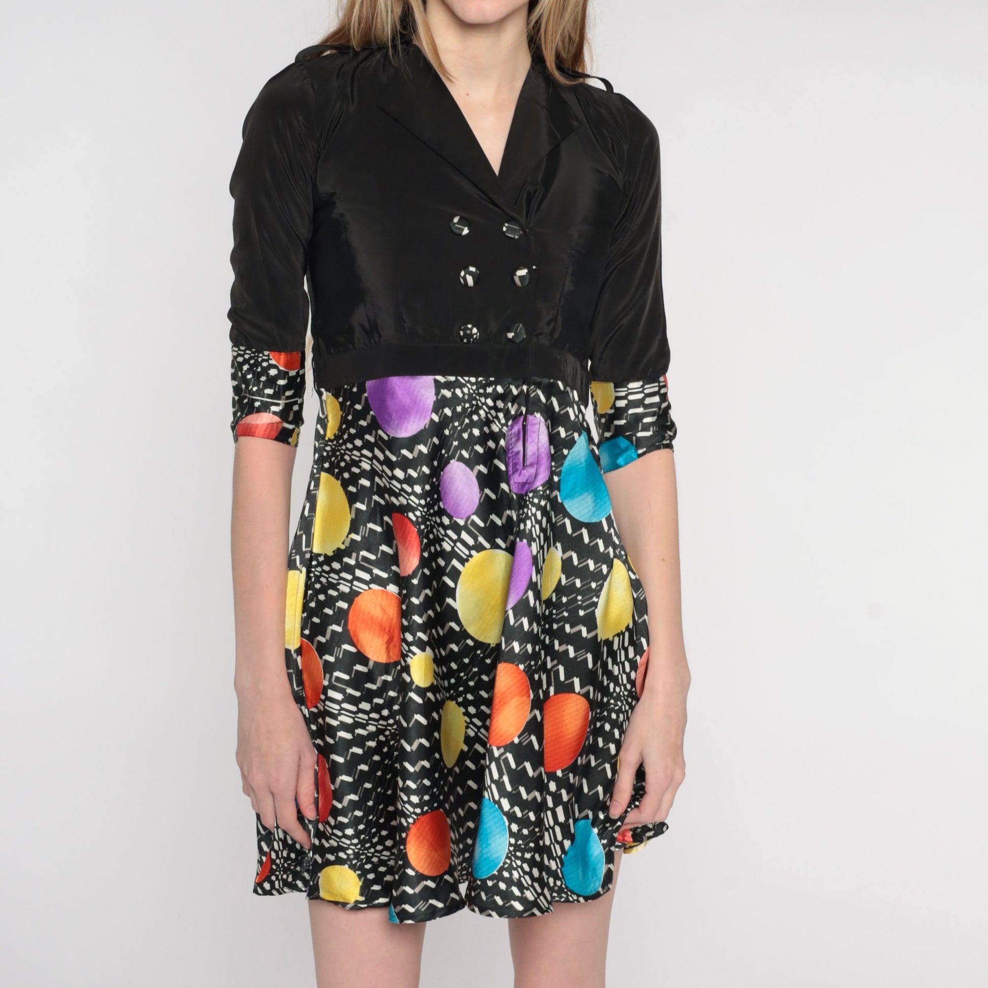 90s Black Geometric Silk Mini Dress Double Breasted V Neck Empire Waist Extra Small