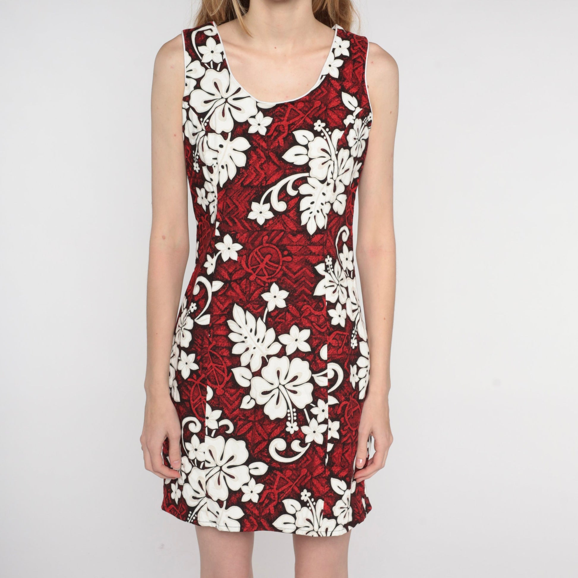 90s Hawaiian Floral Turtle Print Mini Dress Red Cotton Sleeveless Medium