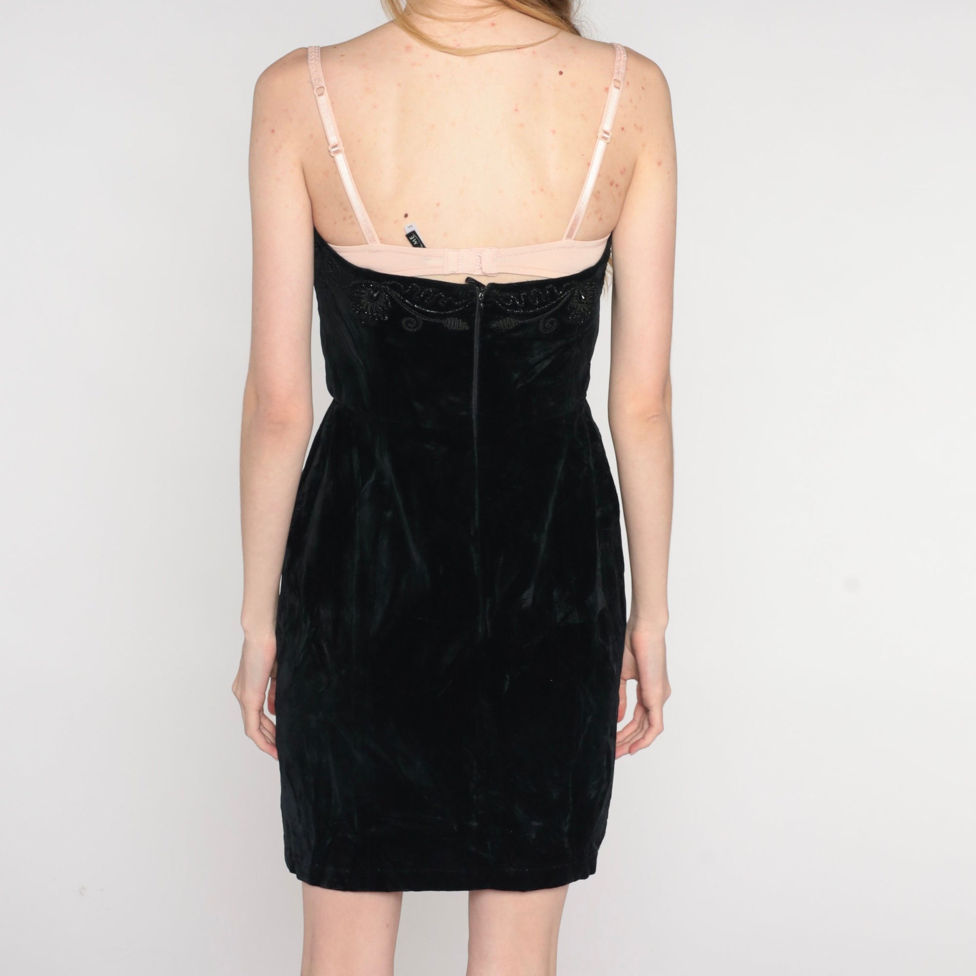 80s Black Velvet Strapless Mini Dress Beaded Embroidery Small