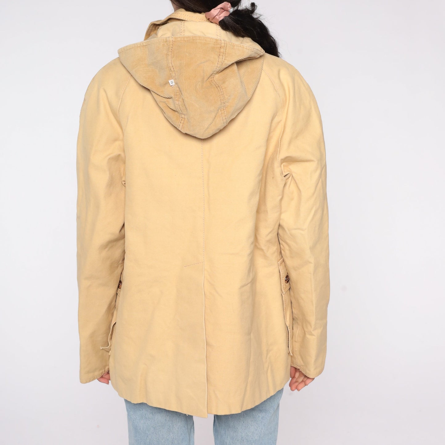 70s Tan Hooded Winter Jacket Removable Corduroy Hood Lined Parka Large