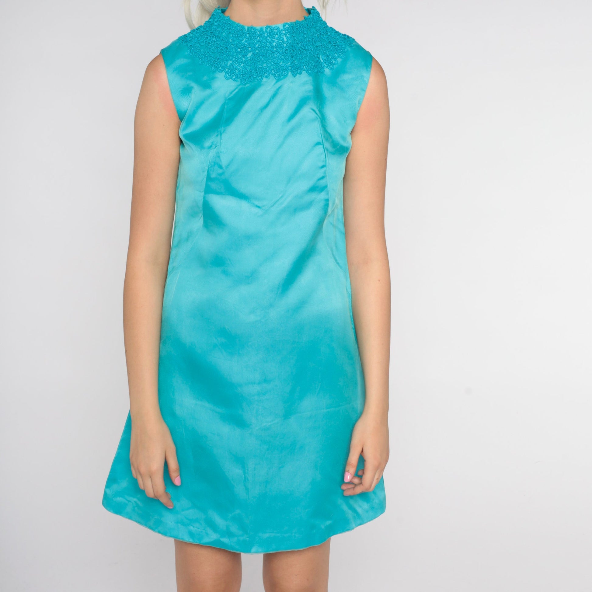60s Mod Mini Dress Blue Floral Lace Sleeveless Sheath Extra Small XS