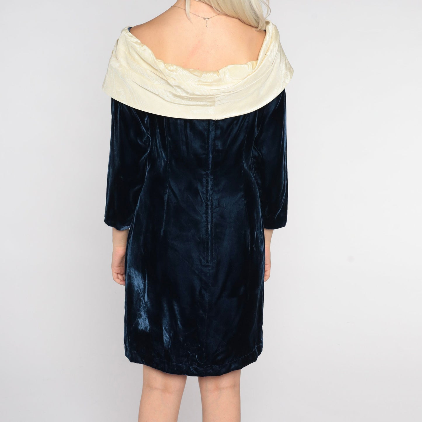 60s Blue Velvet Mini Dress Shift Cream Rosette 3/4 Sleeve Medium M