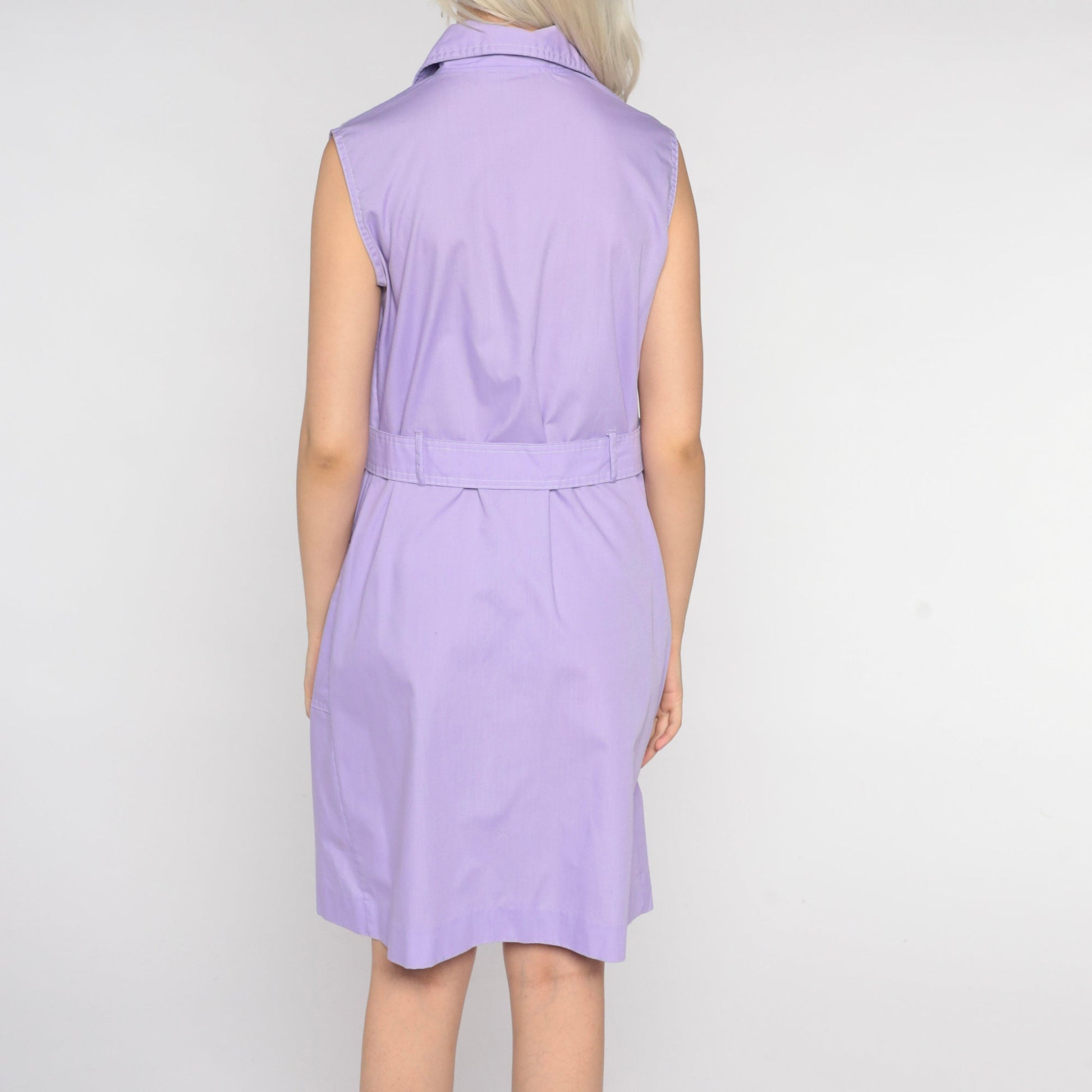 70s Lavender Button-Up Shirtdress Dagger Collar Sleeveless Mini Shift Medium