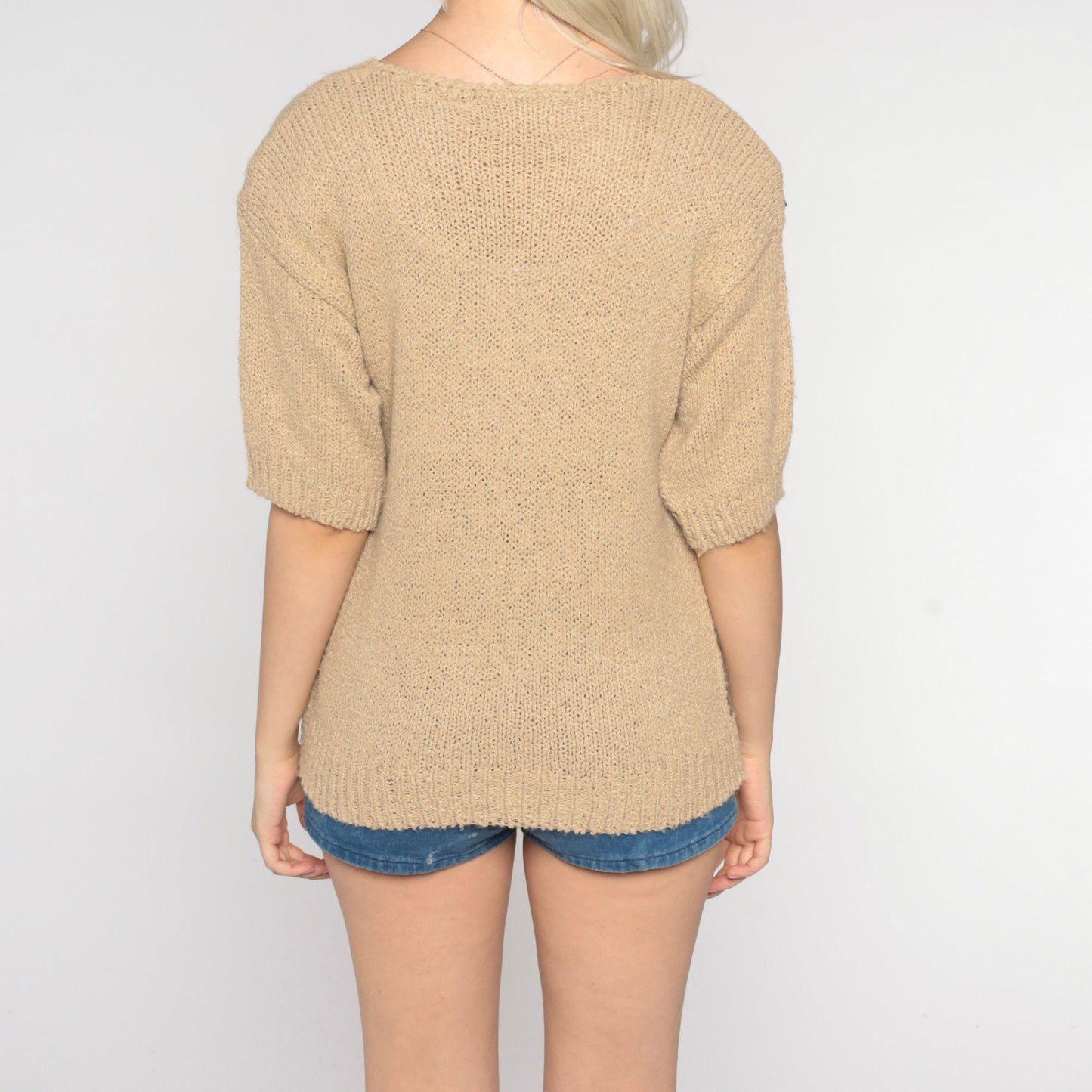 80s Tan Paisley Knit Top Short Sleeve Sweater Small S