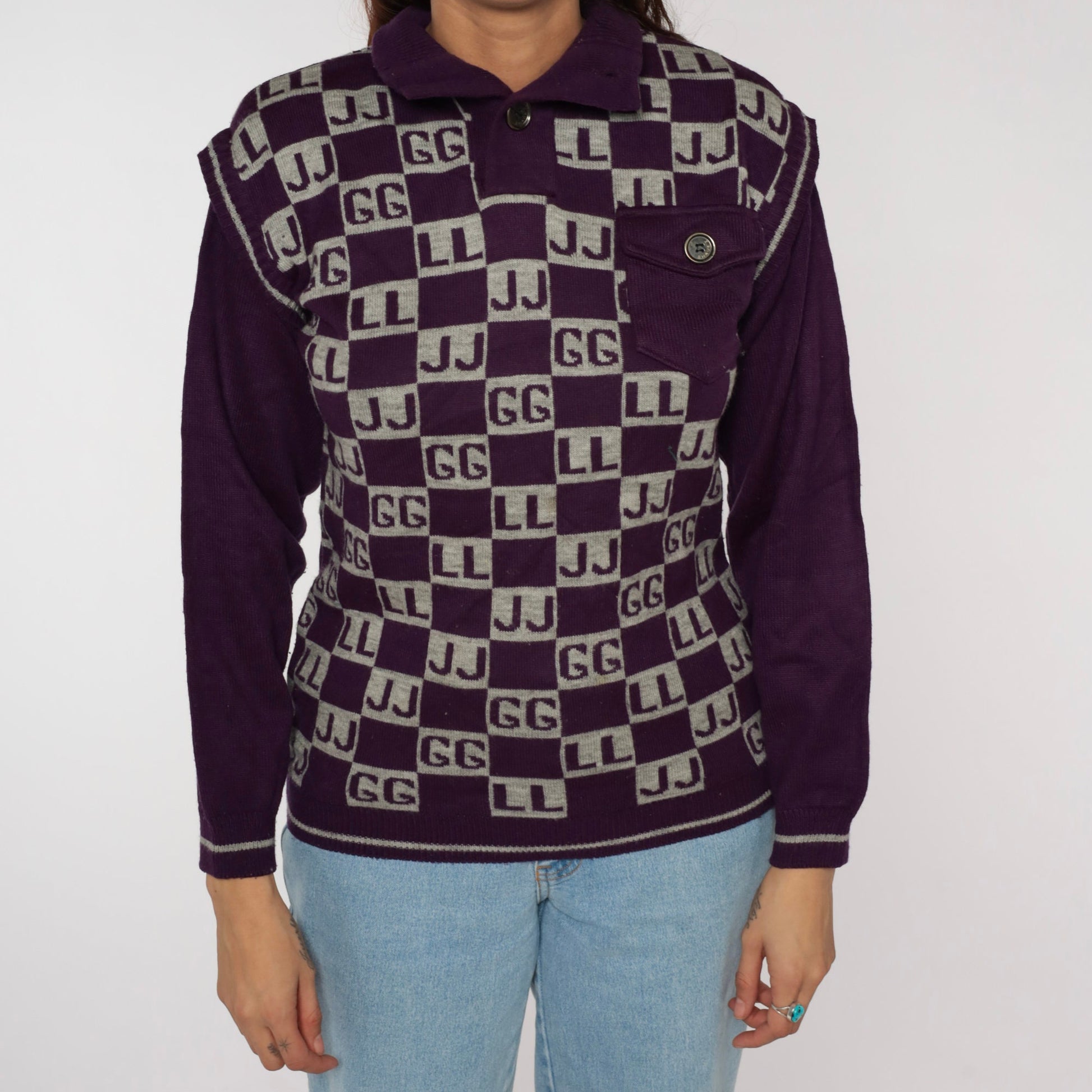 90s Purple Polo Sweater Initials GG JJ LL Novelty Knit Small