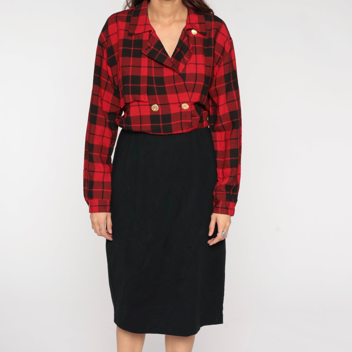 80s Red Plaid Midi Shirt Dress Black Pencil High Waist Button Up Medium