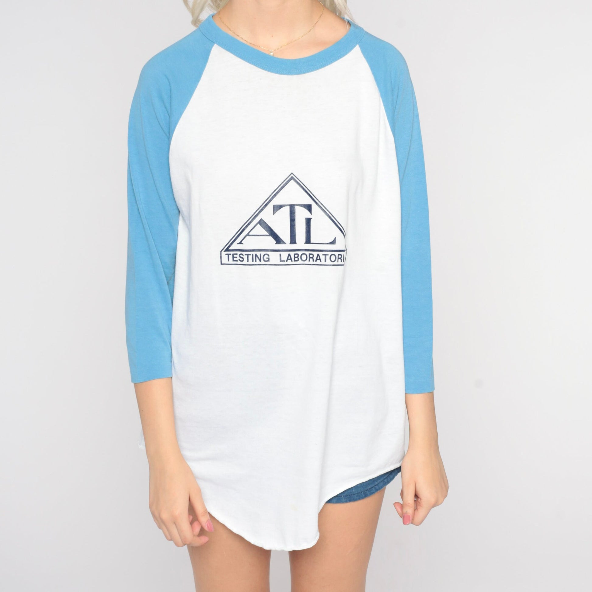 80s ATL Testing Laboratories Rowdy's 40 Baseball Tee White Baby Blue Raglan Medium