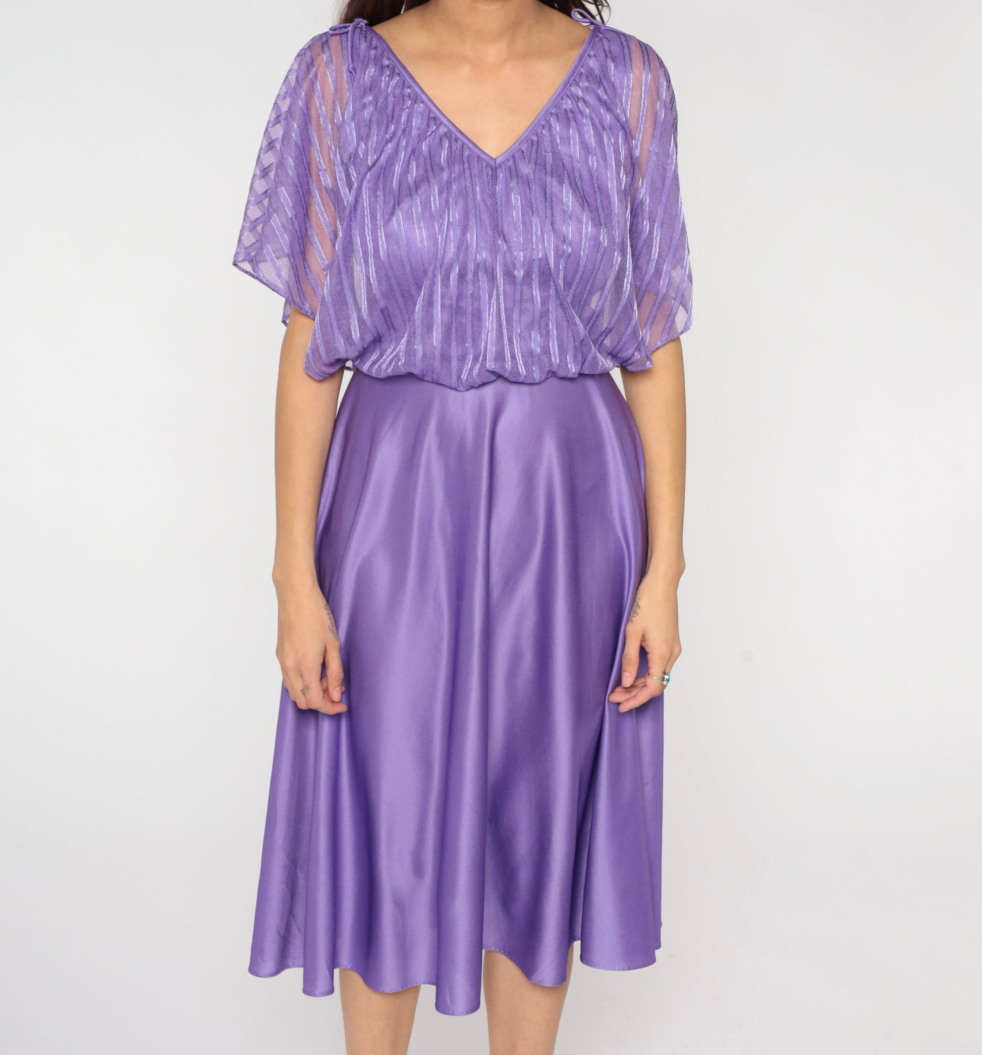 70s Purple Grecian Midi Dress Flutter Sleeve High Waist Small