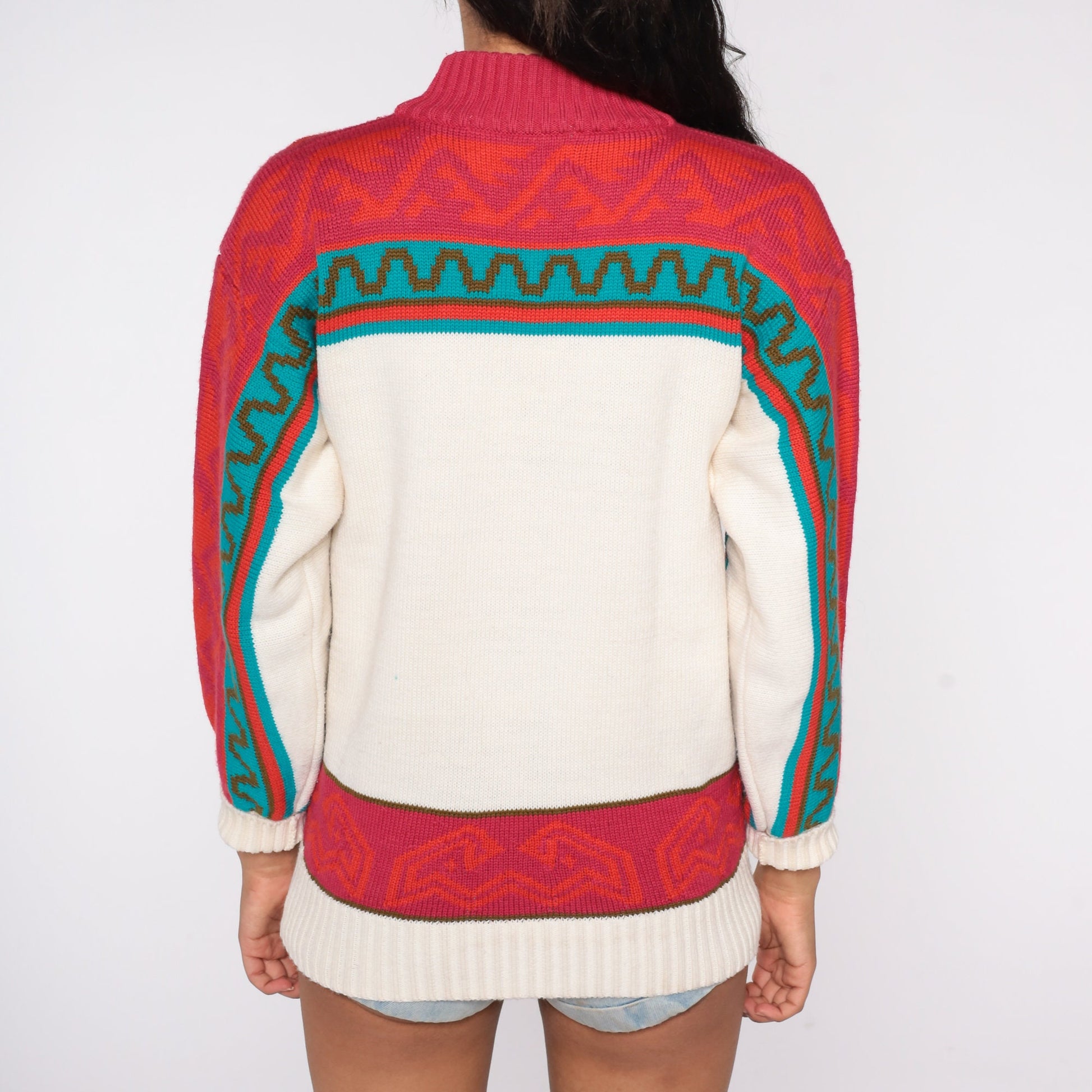 80s Southwestern Geometric Mock Neck Sweater Red Blue White Wool Blend Small