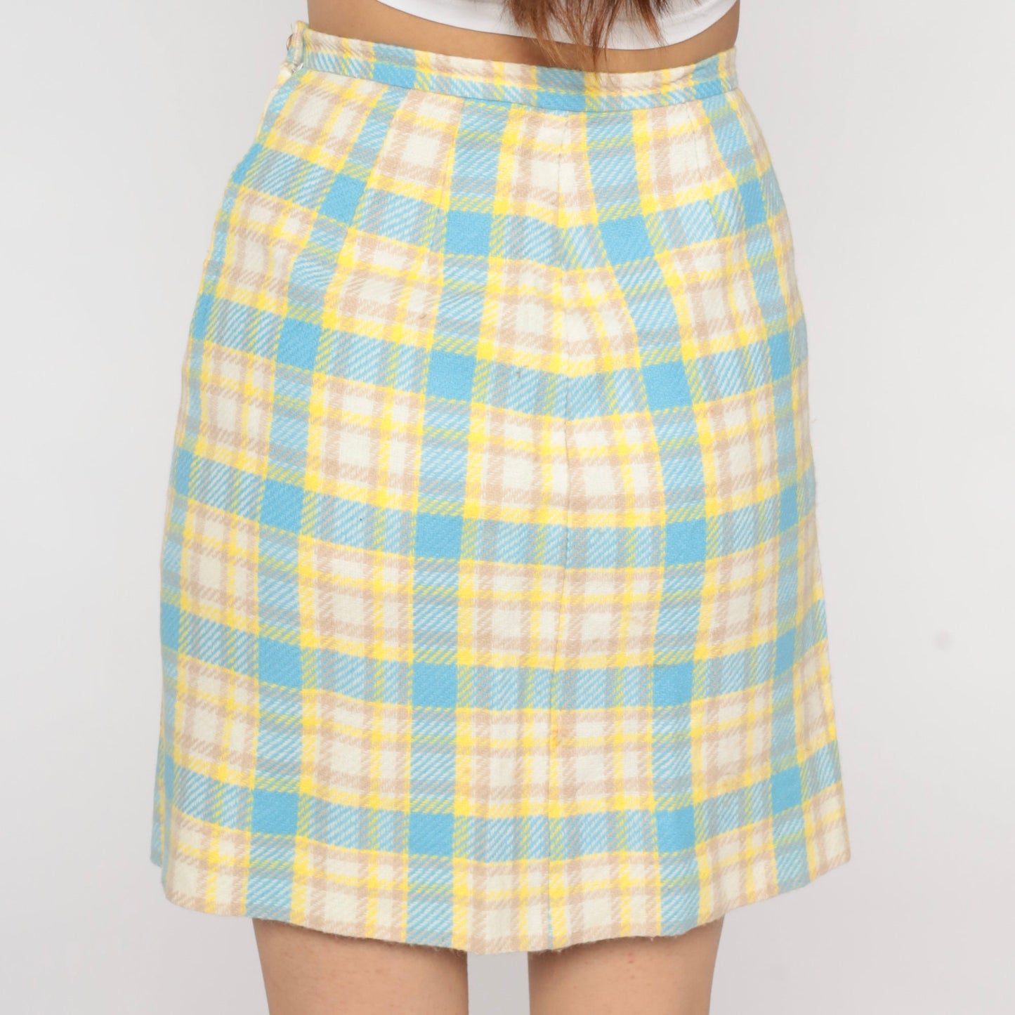 60s Yellow Blue Plaid Pencil Skirt High Waist Mini Mod Small