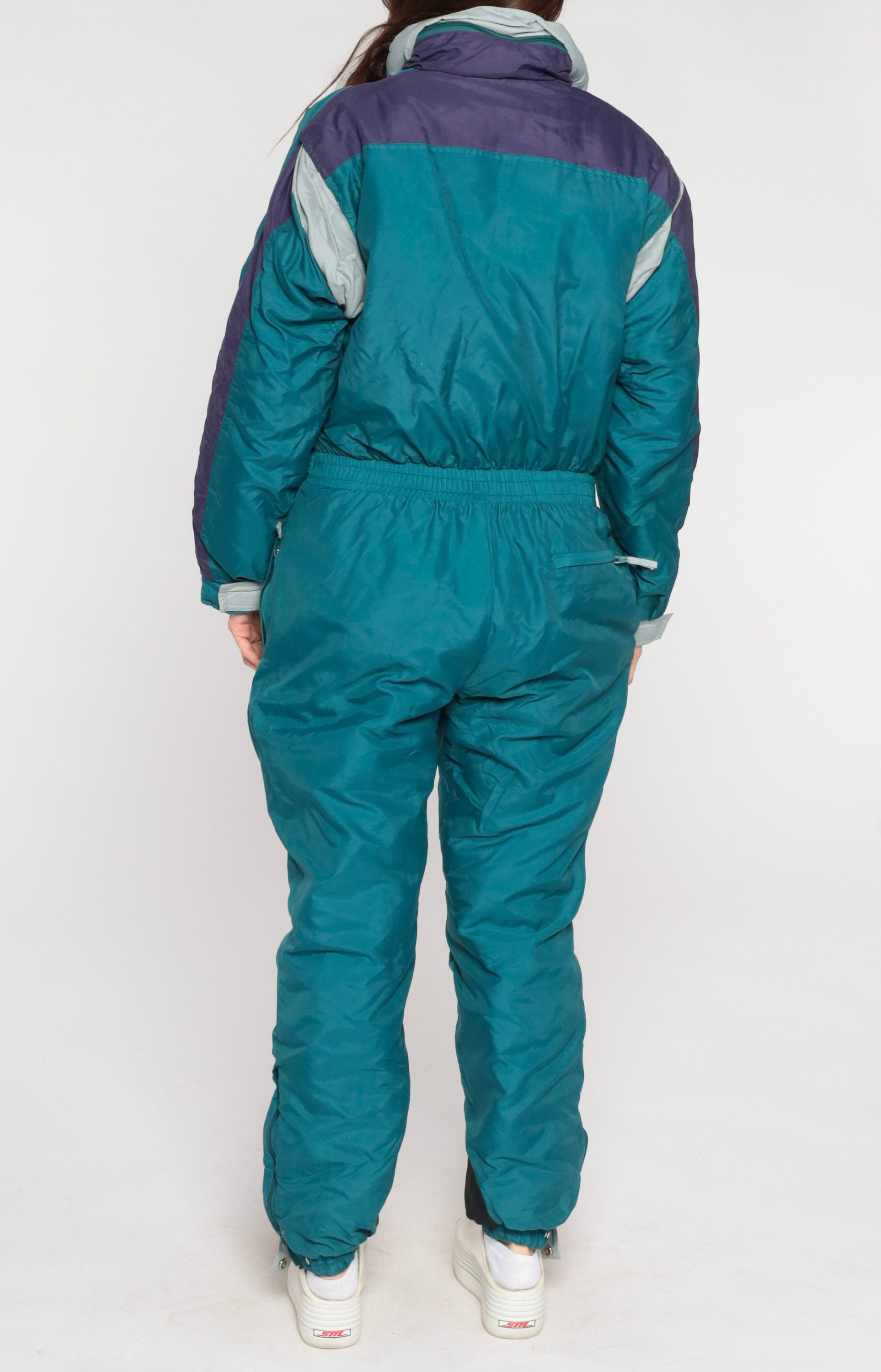 90s Teal Green Color Block Ski Suit One-Piece Jumpsuit Medium M