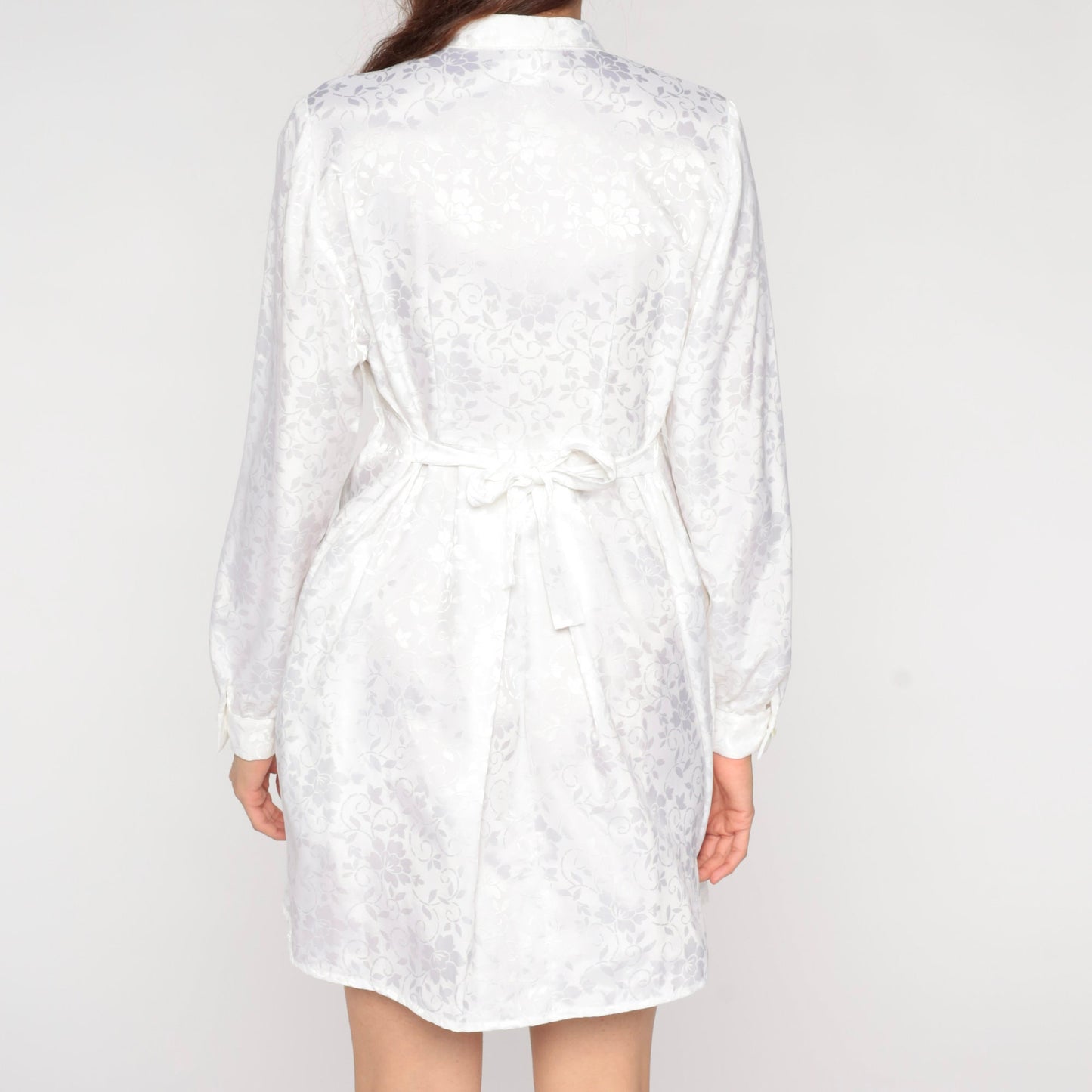 80s White Embossed Floral Mini Shirtdress Long Sleeve Pearl Buttons Extra Small