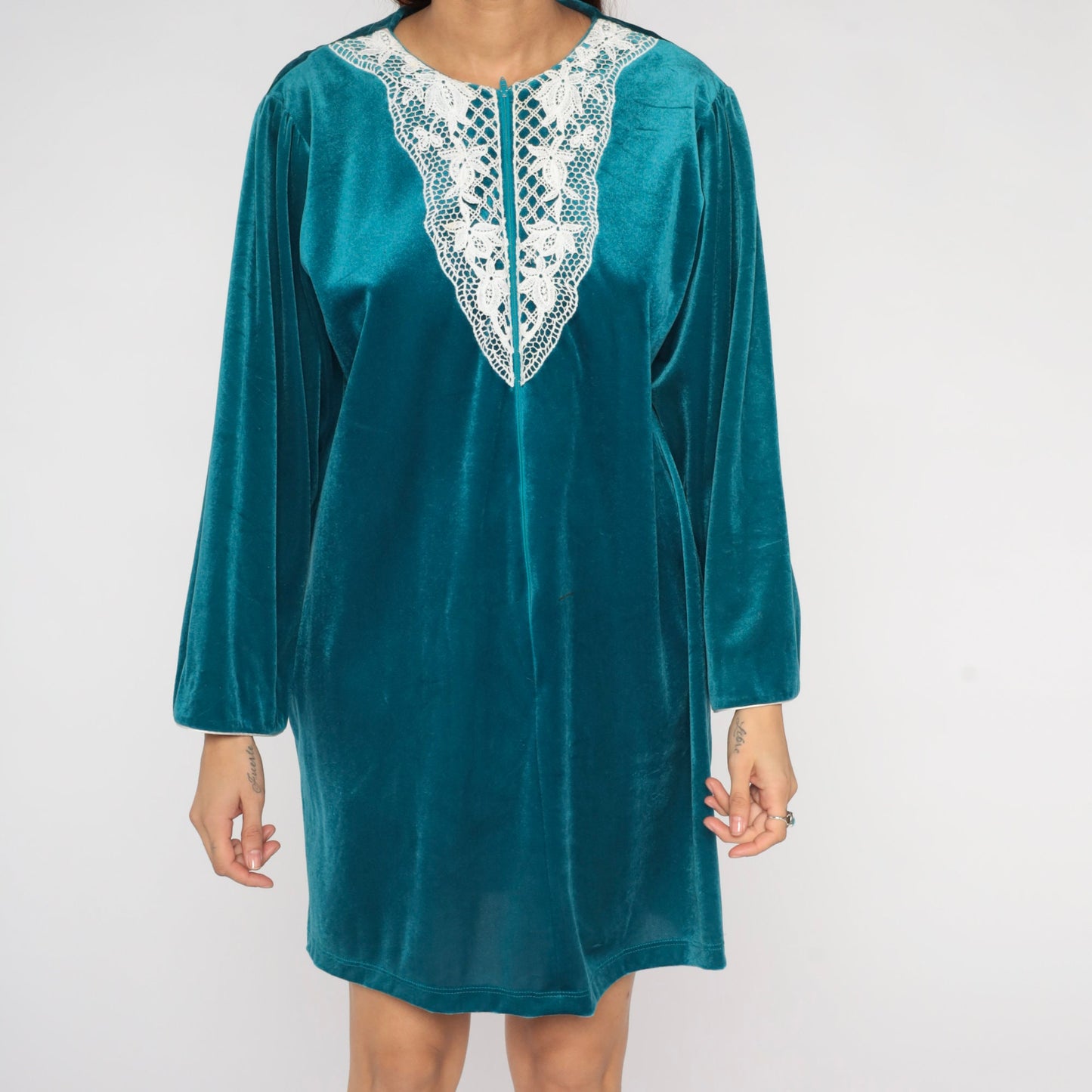80s Teal Velour Mini Lounge Dress Floral Lace Bib Long Sleeve Zip Front Large L
