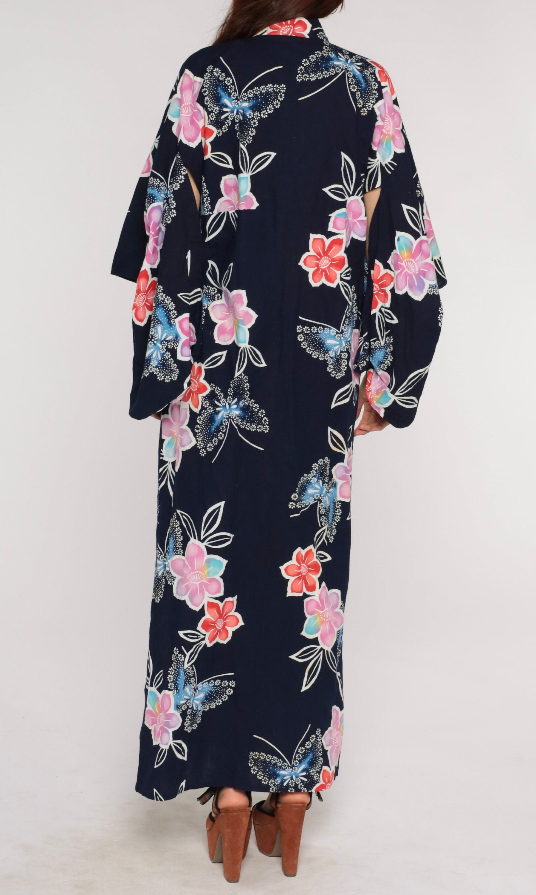 Y2K Navy Floral Butterfly Kimono Robe Maxi Cotton Open Front Medium