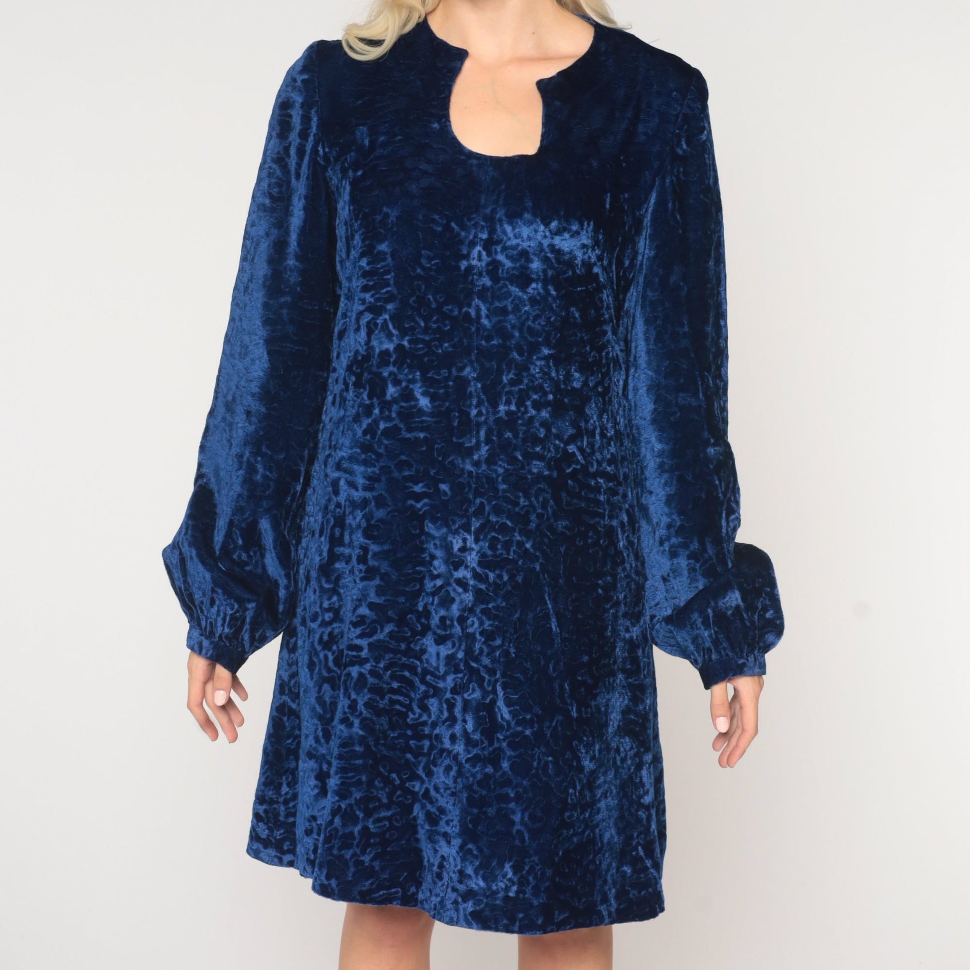 60s Blue Velvet Mini Dress Shift Cut Long Sleeve Asymmetrical Neckline Small