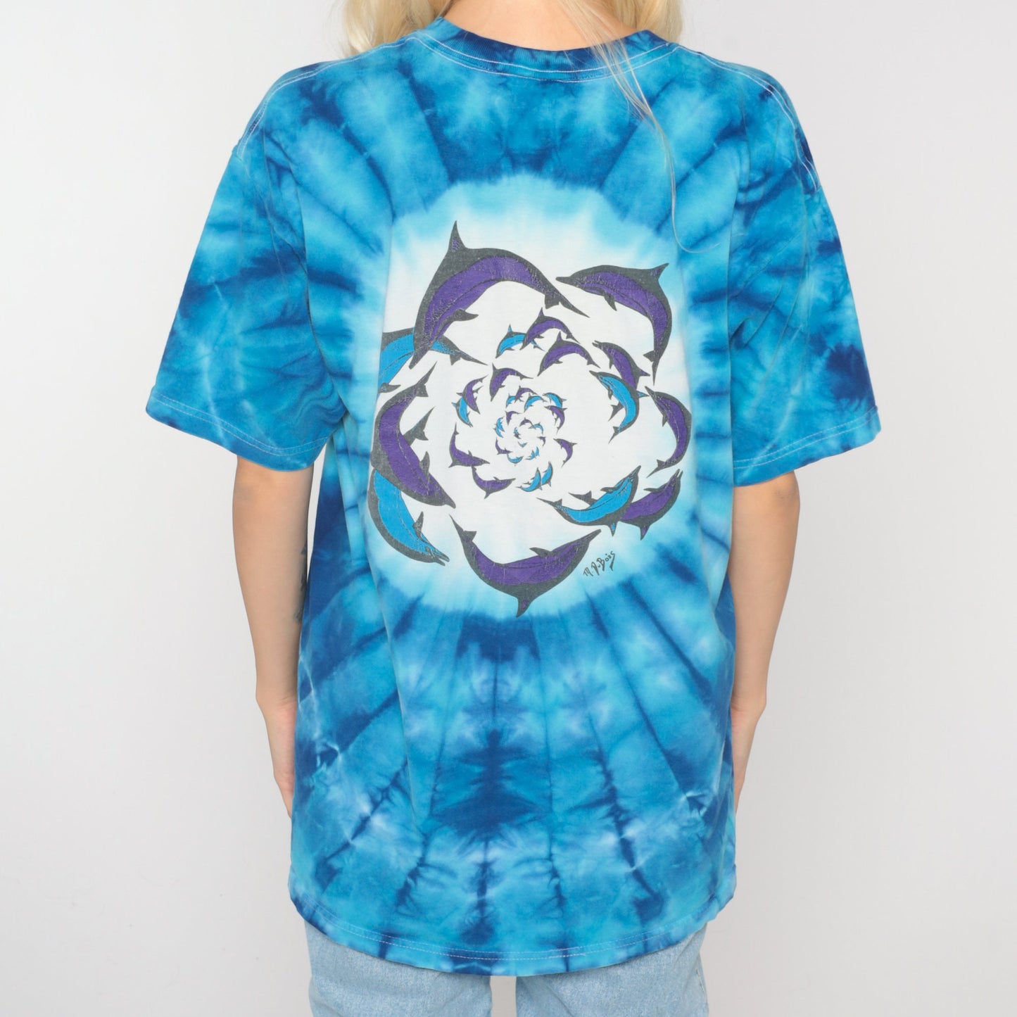 90s Dolphin Tie Dye Graphic T-Shirt Blue Galactic Print Cotton Medium