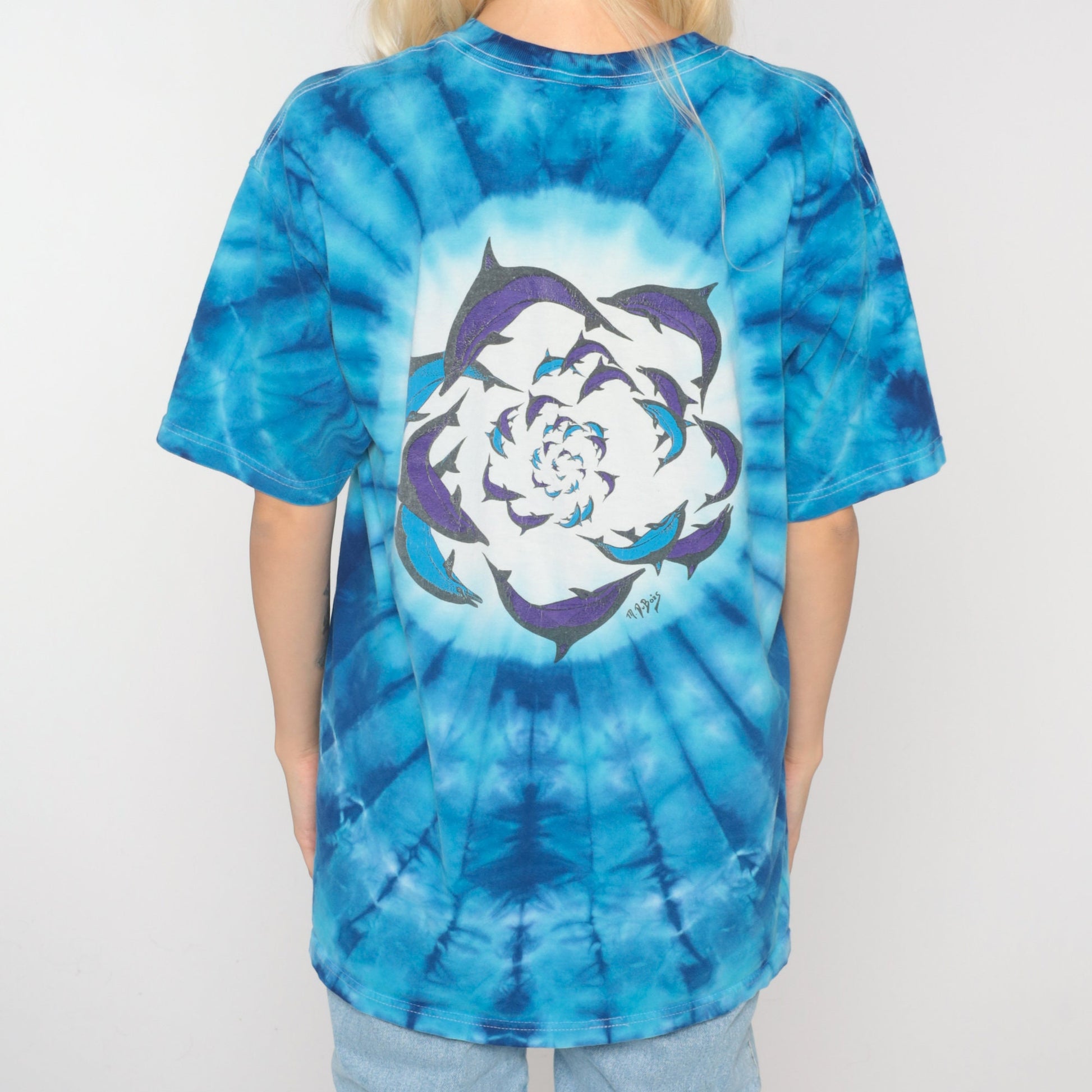 90s Dolphin Tie Dye Graphic T-Shirt Blue Galactic Print Cotton Medium