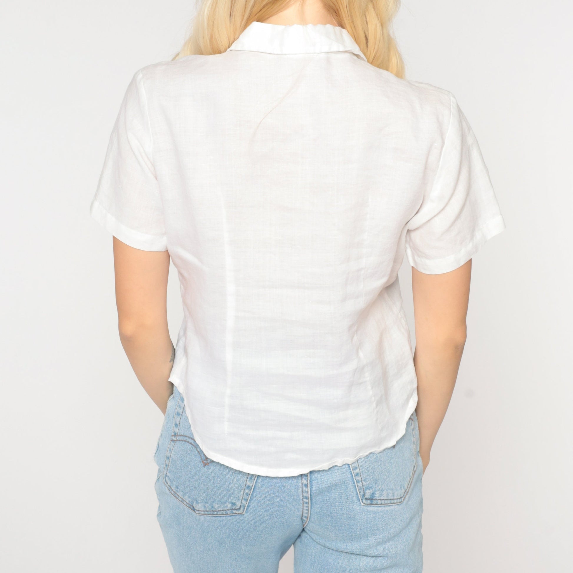 90s White Cutout Button-Up Blouse Short Sleeve Small S