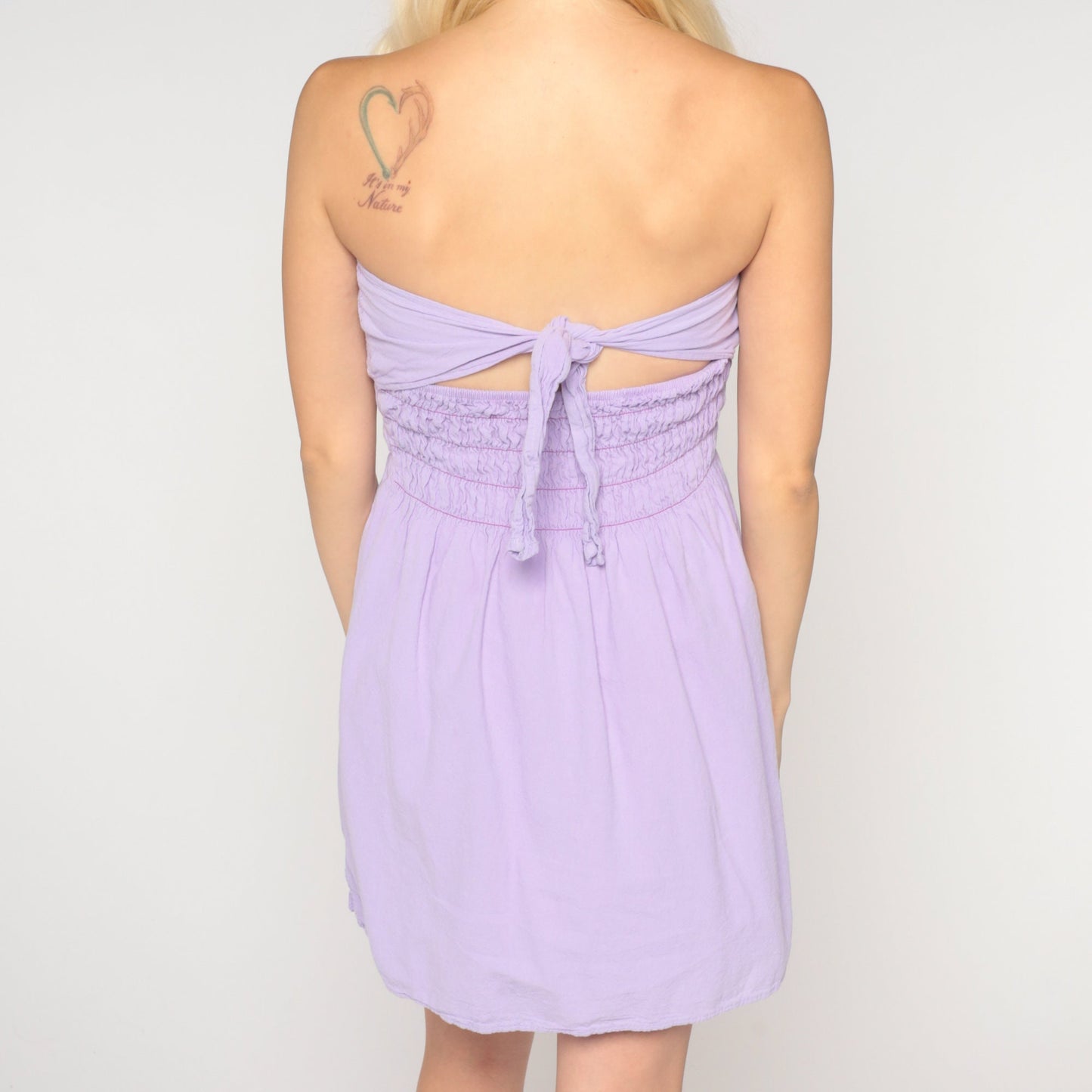 00s Lavender Strapless Mini Dress Crochet Smocked Embroidered Extra Small