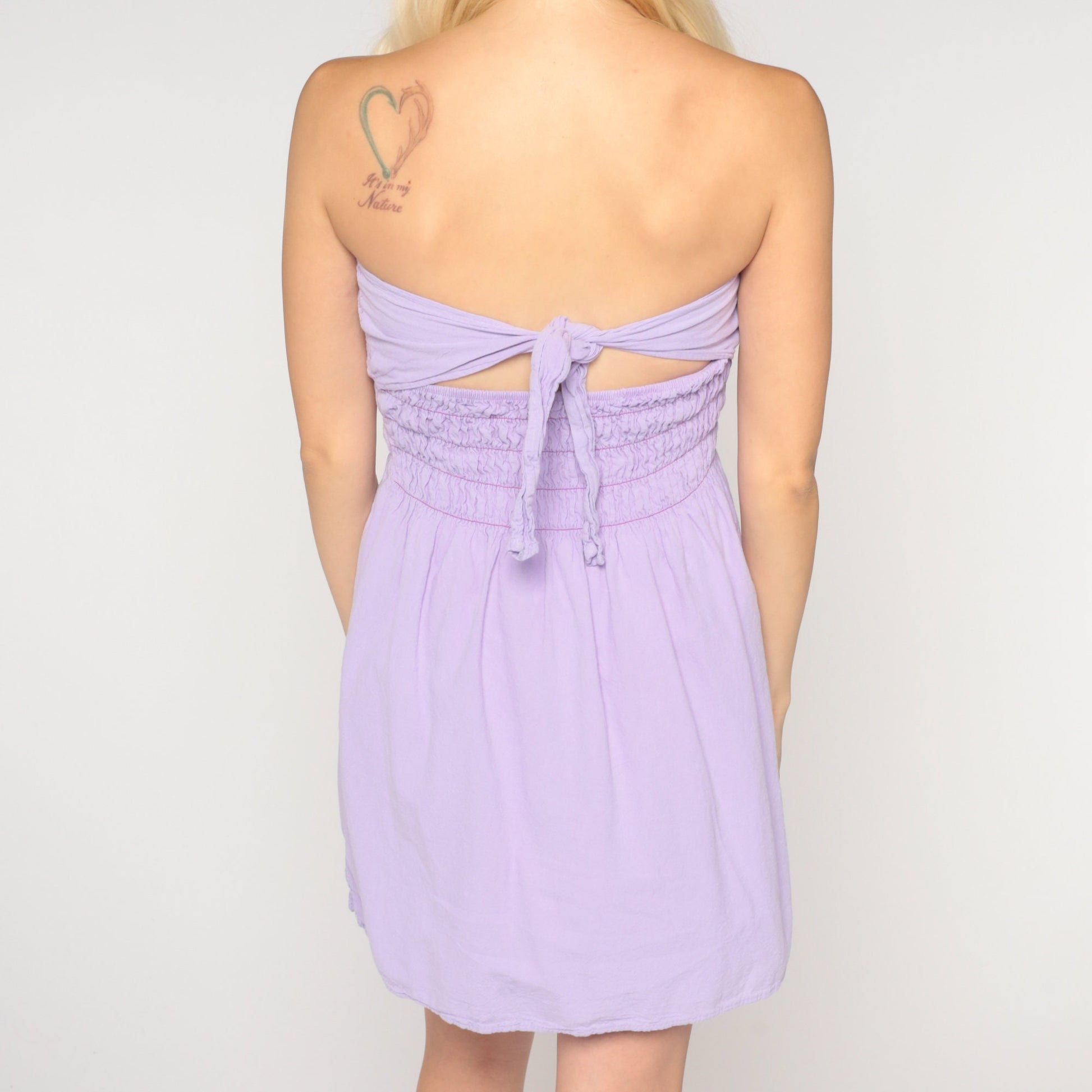 00s Lavender Strapless Mini Dress Crochet Smocked Embroidered Extra Small