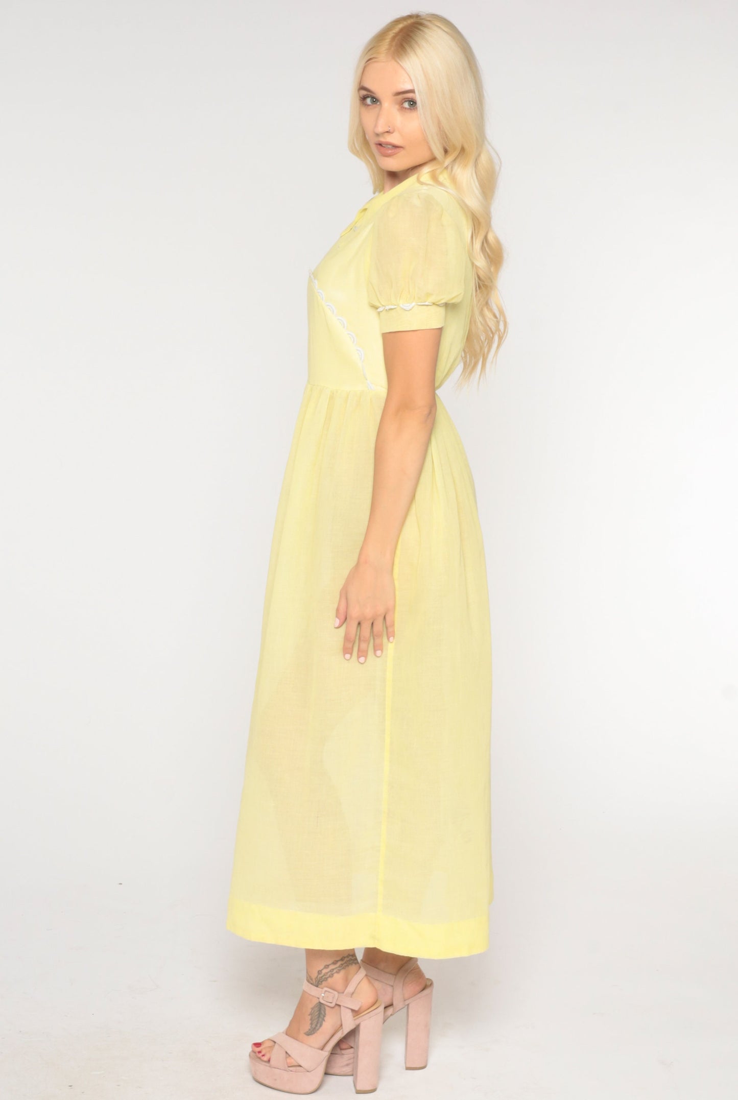 1970s Sheer Pastel Yellow Maxi Dress Puff Sleeve High Waist Extra Small
