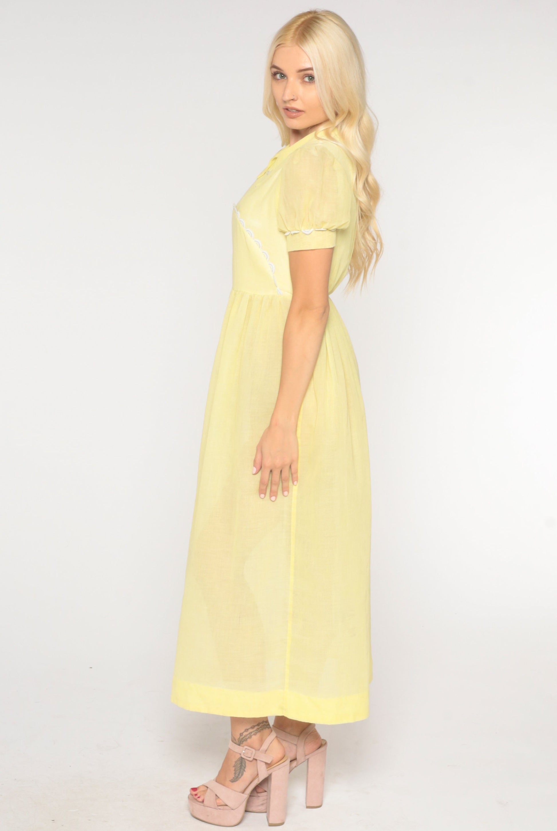 1970s Sheer Pastel Yellow Maxi Dress Puff Sleeve High Waist Extra Small