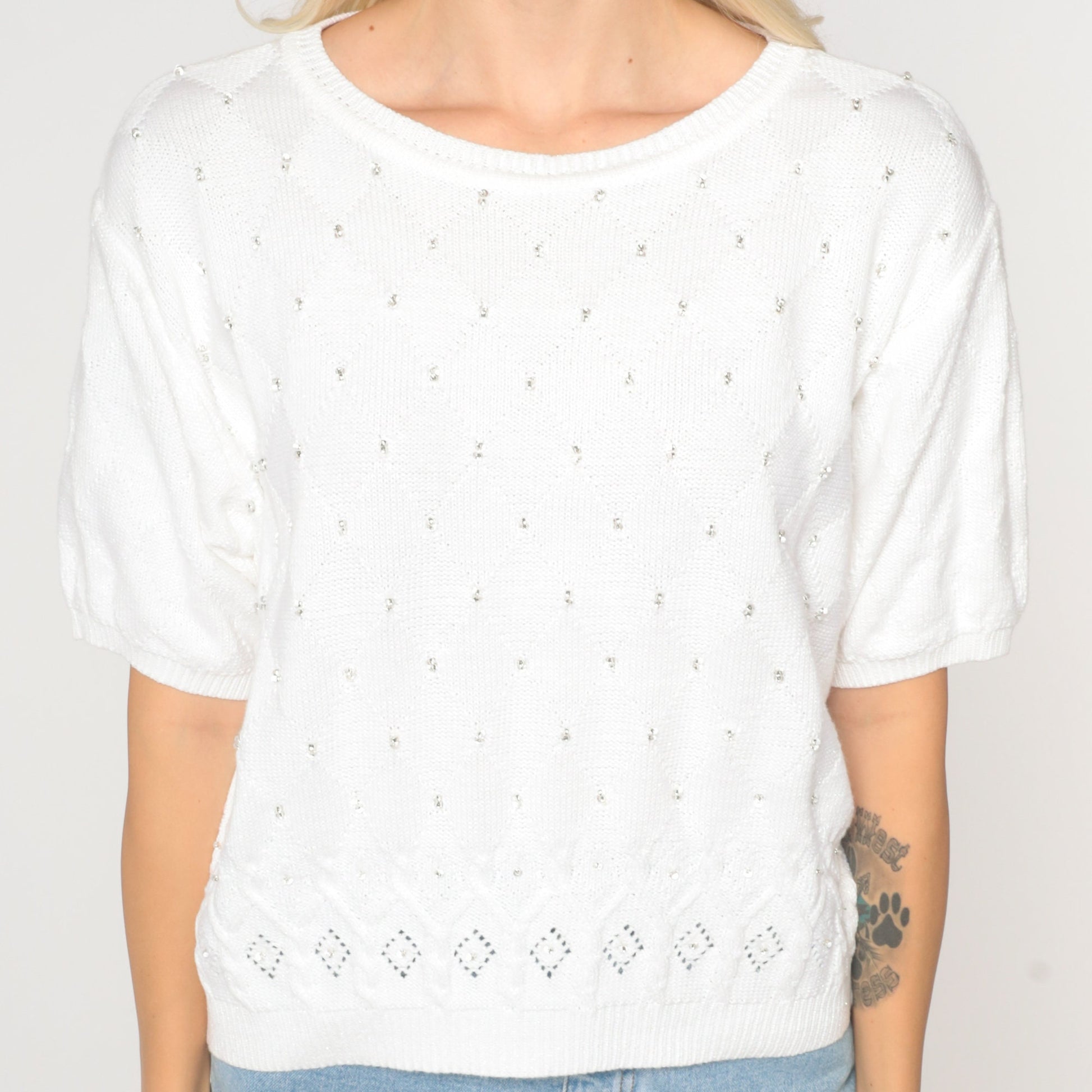 80s Liz Claiborne White Knit Blouse Beaded Cutout Short Sleeve Large L
