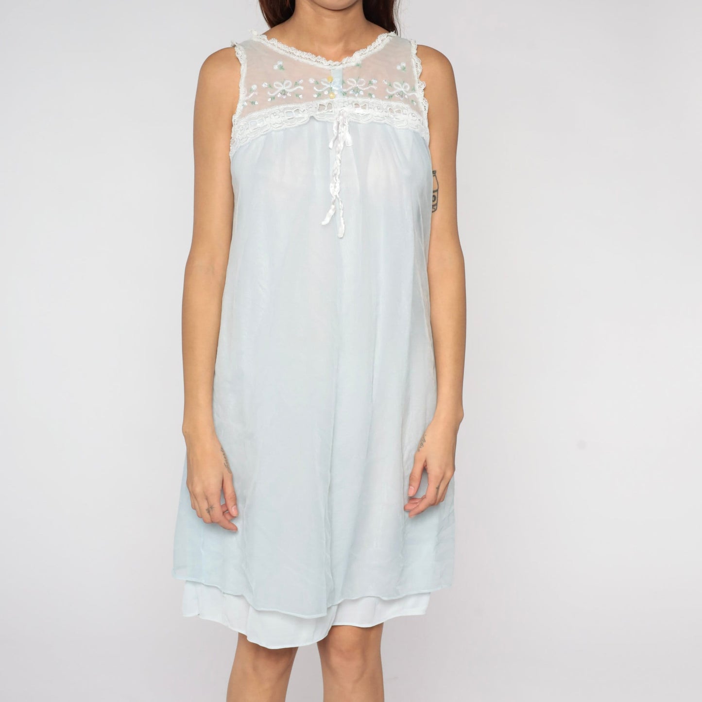 70s Baby Blue Nylon Nightgown Embroidered Lace Bib Mini Slip Dress Small