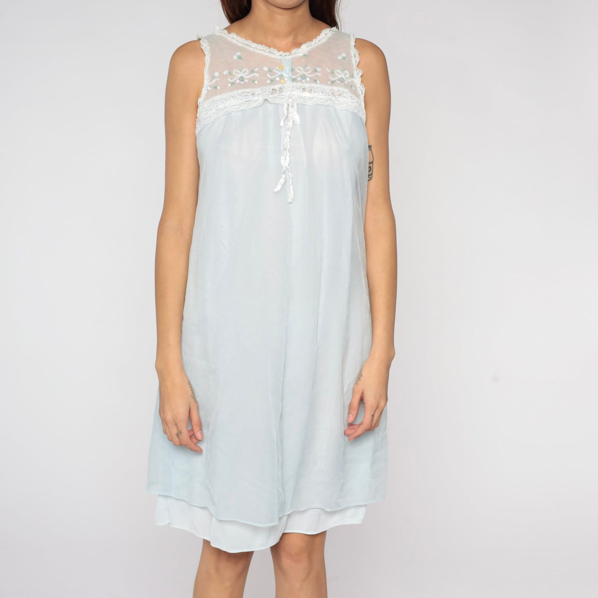70s Baby Blue Nylon Nightgown Embroidered Lace Bib Mini Slip Dress Small